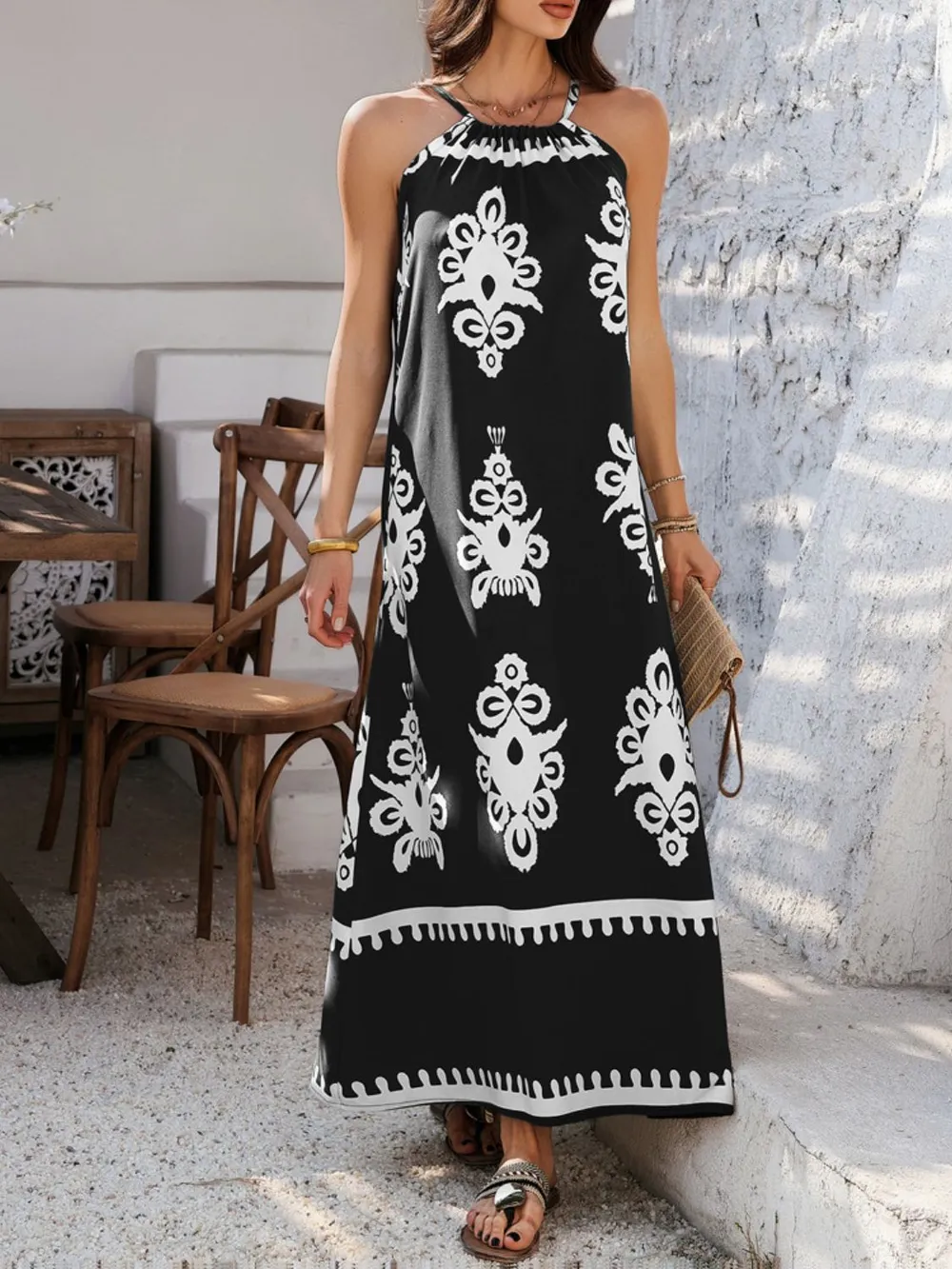 Grecian Neck Printed Maxi Dress