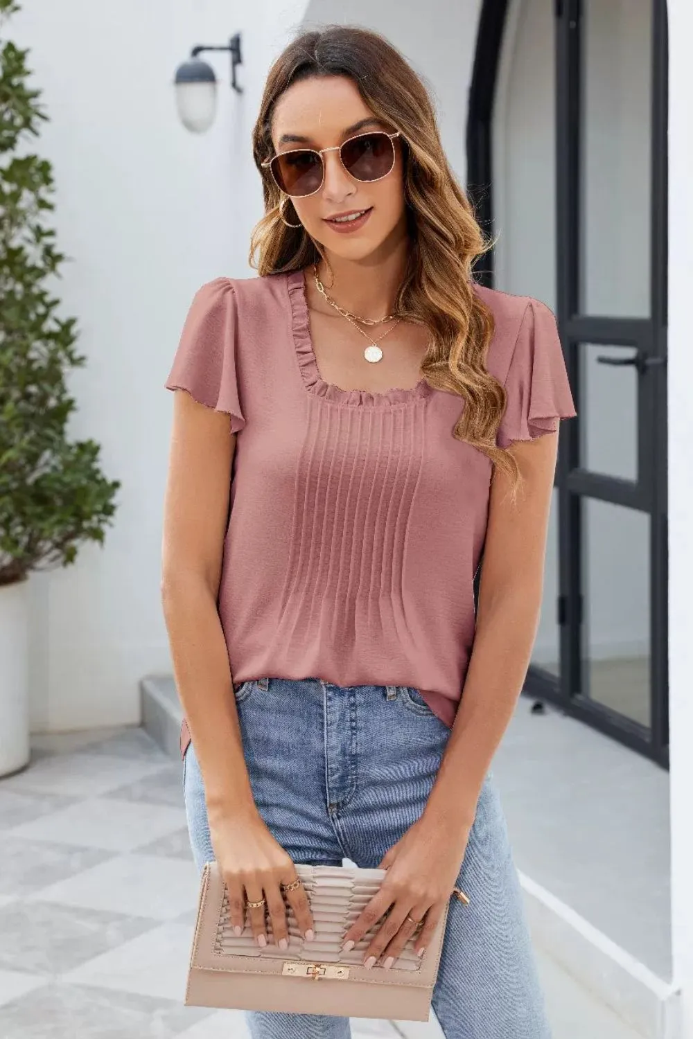 Frill Square Neck Flutter Sleeve Blouse, image 8