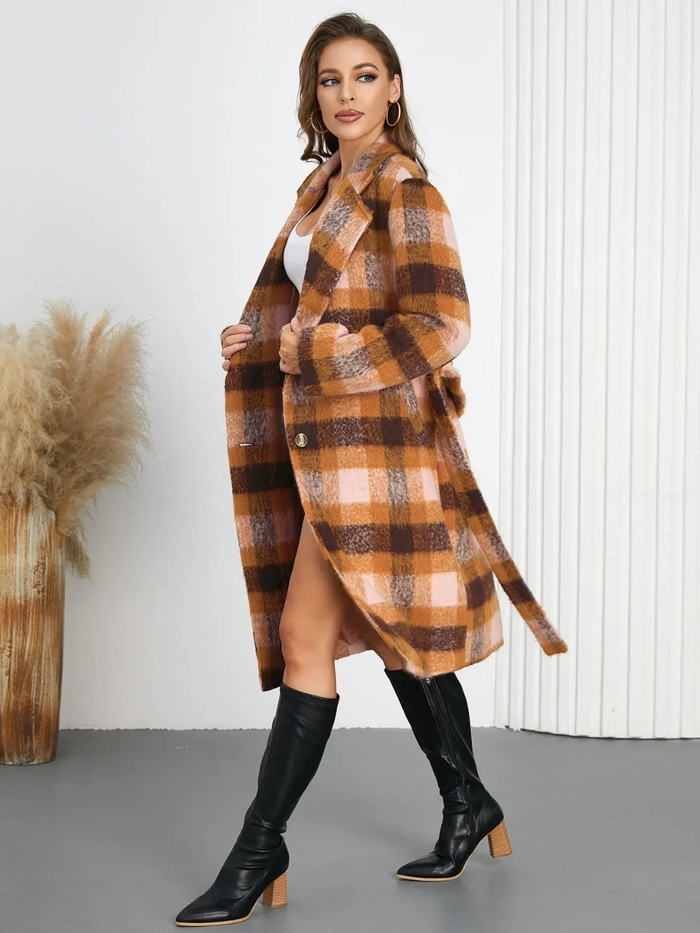 Tied Plaid Collared Neck Coat, image 10