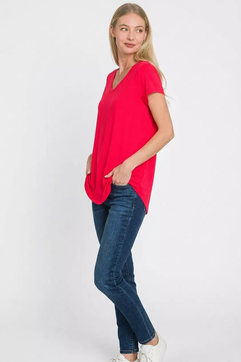 Rayon Short Sleeve V-neck Round Hem Top, image 3