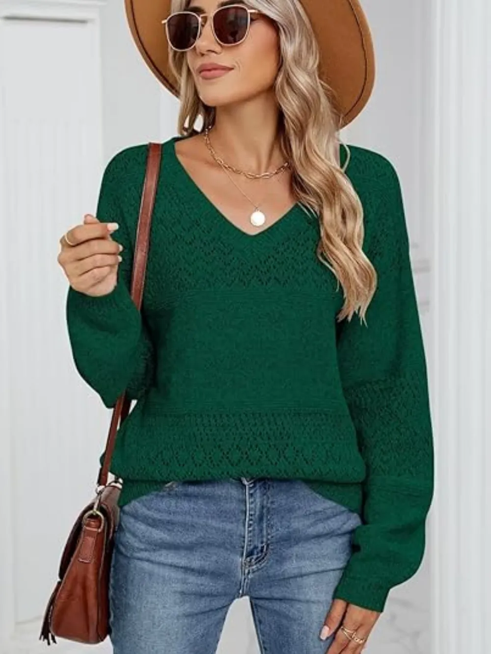 Eyelet V-Neck Long Sleeve Sweater