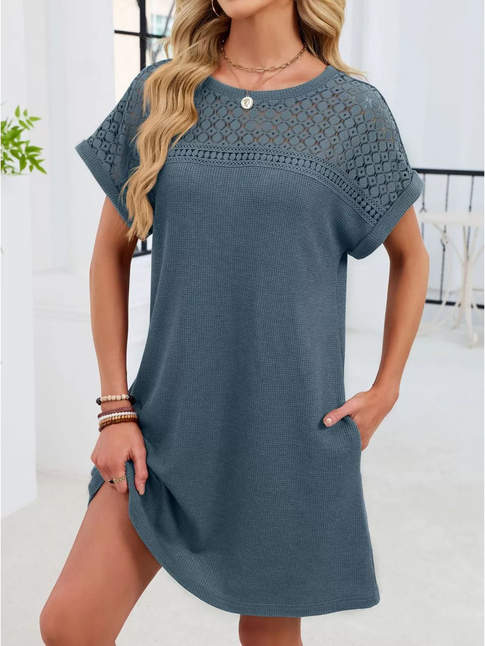 Lace Round Neck Short Sleeve T-Shirt Dress, image 32