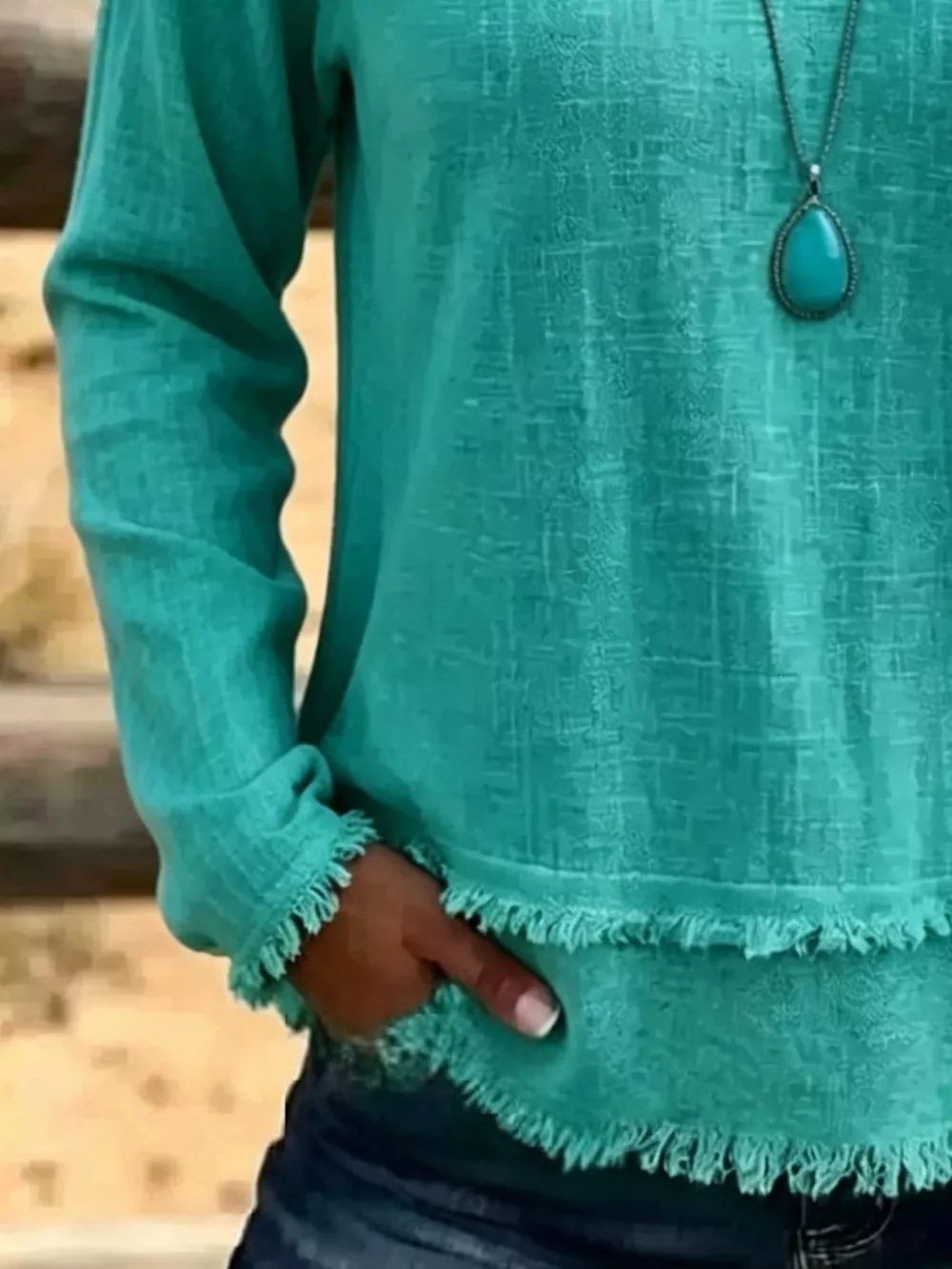 V-Neck Long Sleeve Blouse with Frayed Hem Detail, image 15