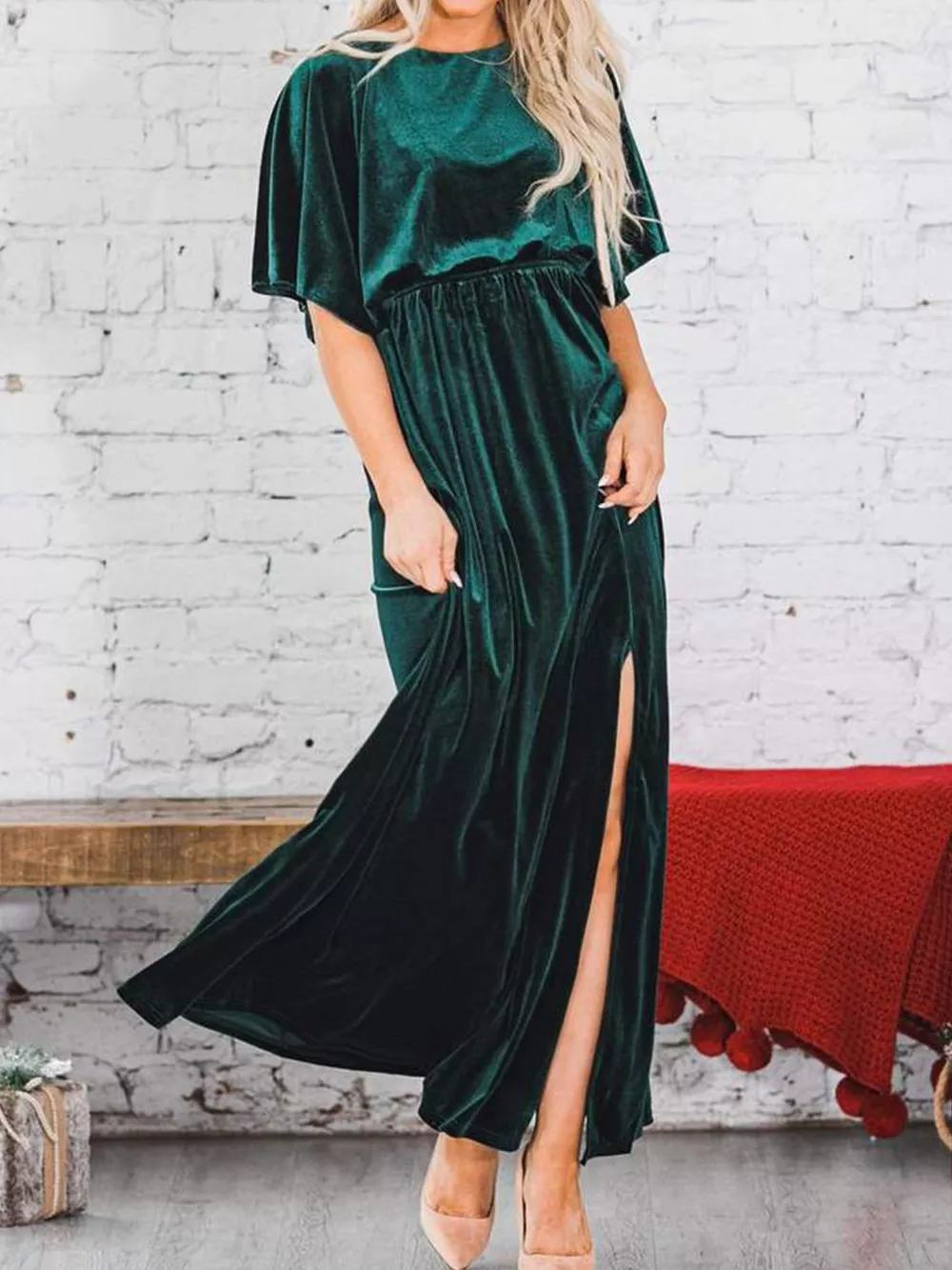 Slit Round Neck Flutter Sleeve Velvet Maxi Dress, image 2