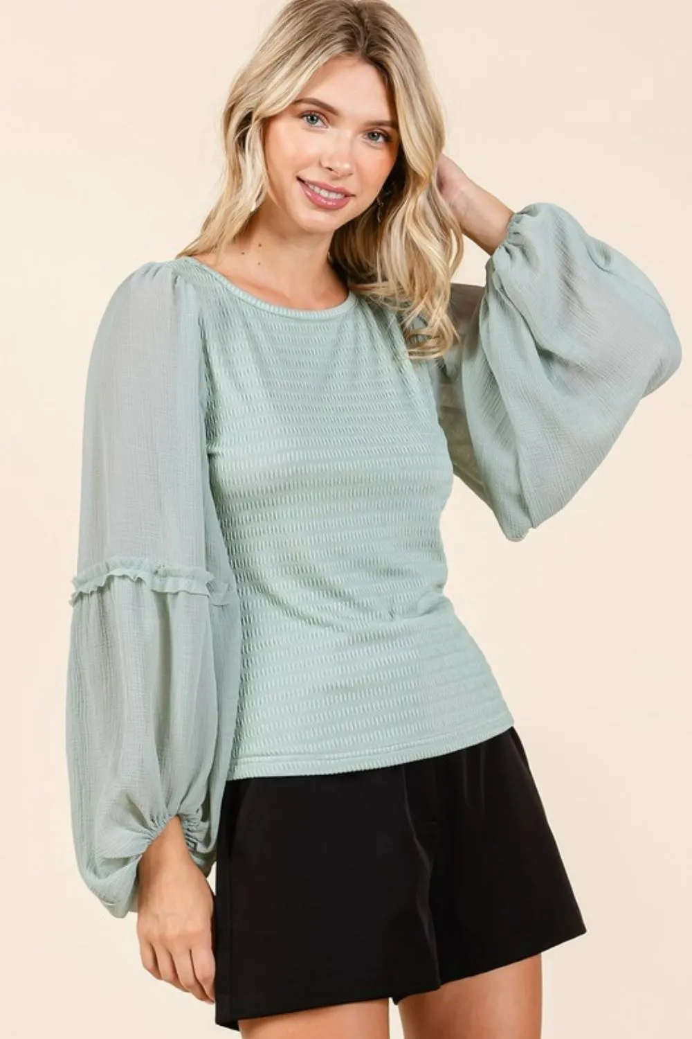 Mixed Media Textured Knit Chiffon Long Sleeve Top, image 4