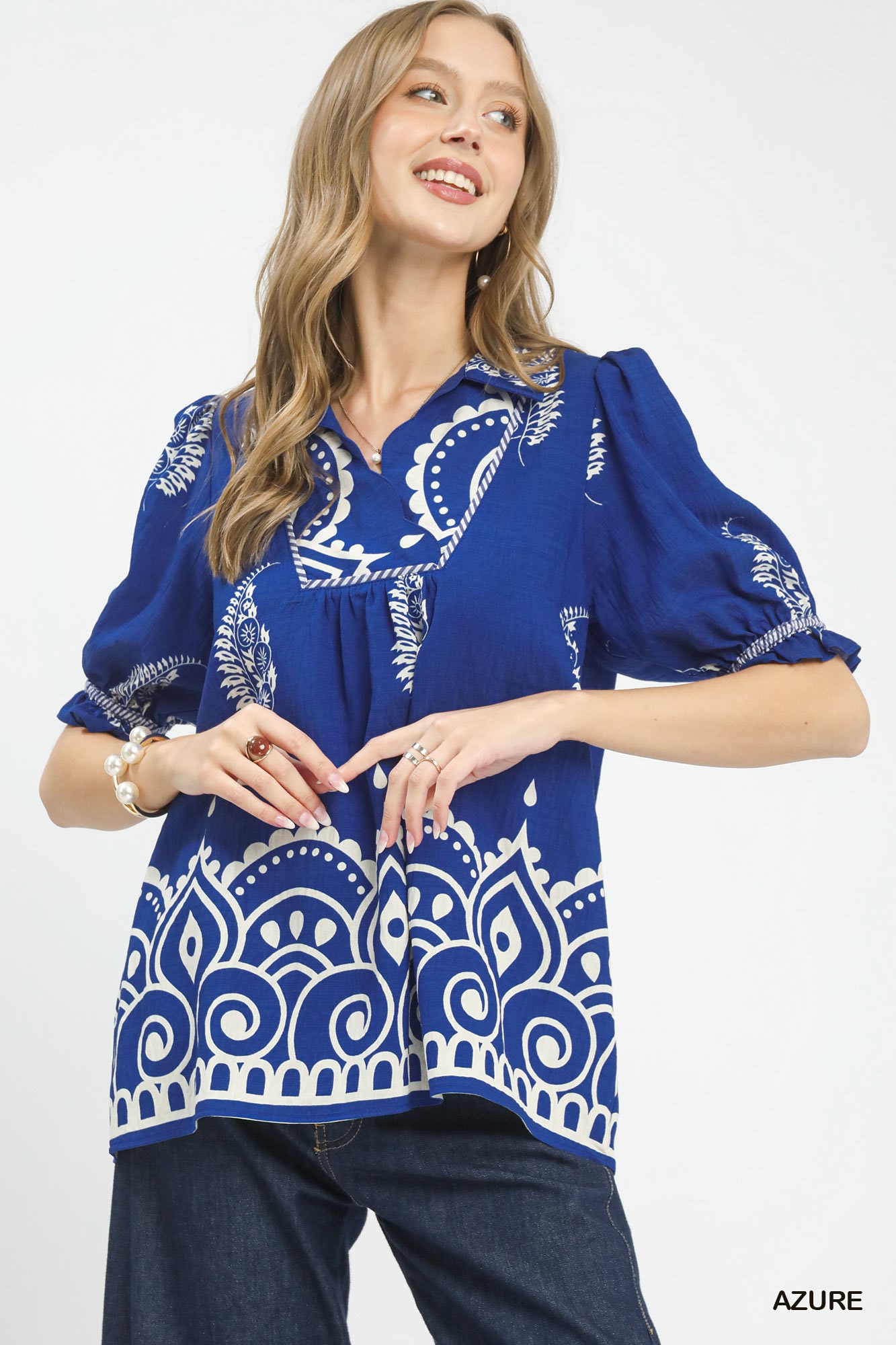 Printed Puff Sleeve Split Neck Top