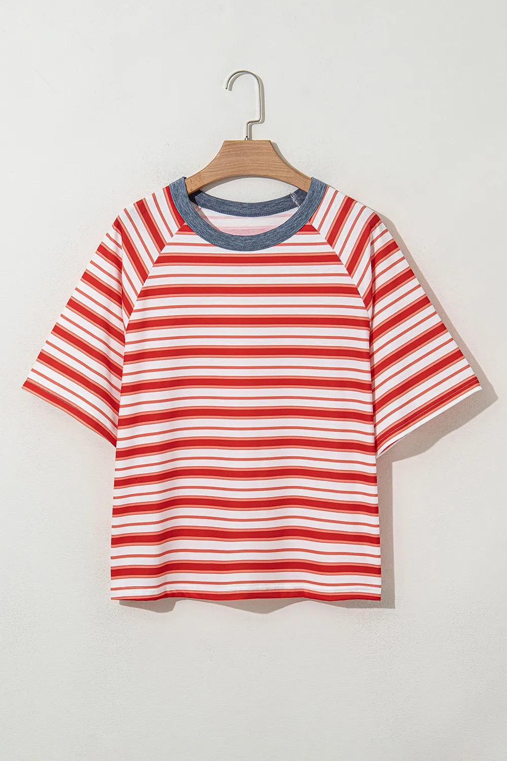 Stripe Print Contrast Collar Raglan Sleeve T Shirt, image 11