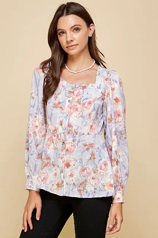 Floral Sweetheart Neckline Button Down Blouse, image 2
