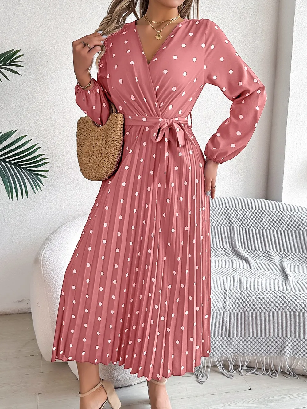 Tied Polka Dot Long Sleeve Midi Dress, image 5