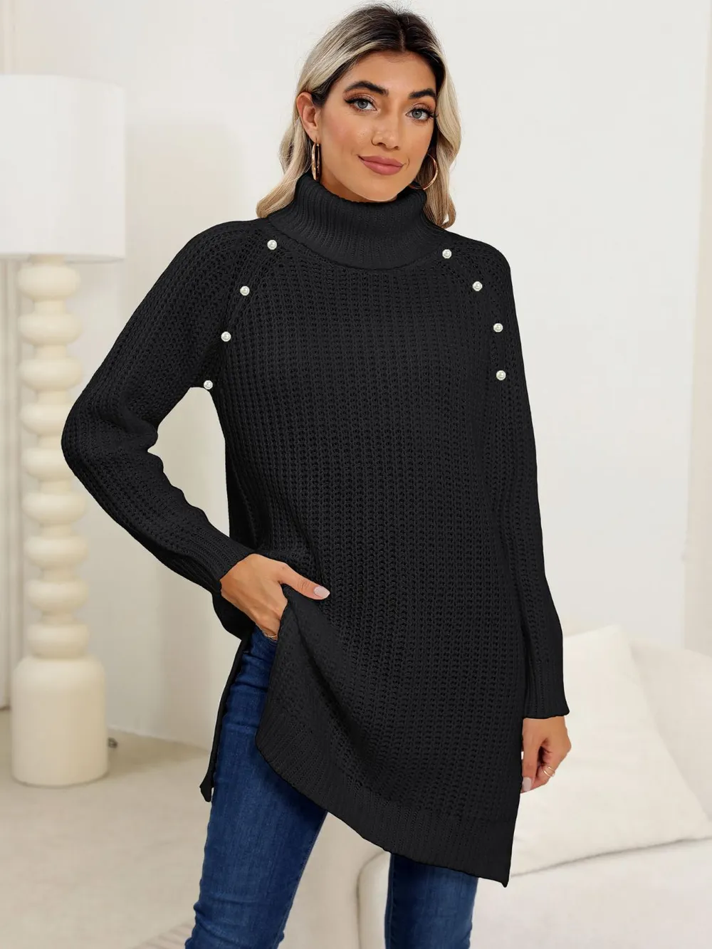 Slit Turtleneck Long Sleeve Sweater, image 8