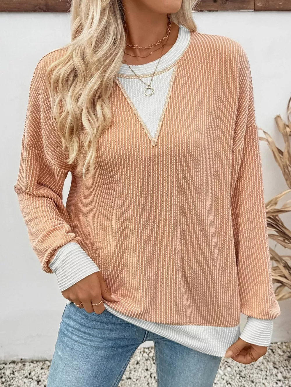 Two-Tone Ribbed Knit Sweatshirt, image 3