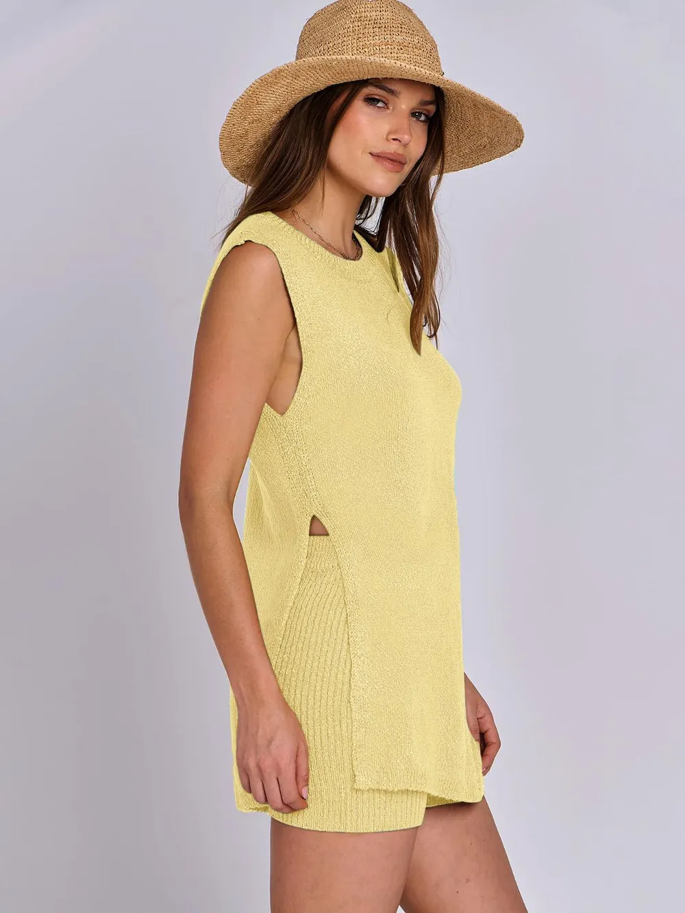 Side Slit Round Neck Tank and Ribbed Shorts Sweater Set, image 6