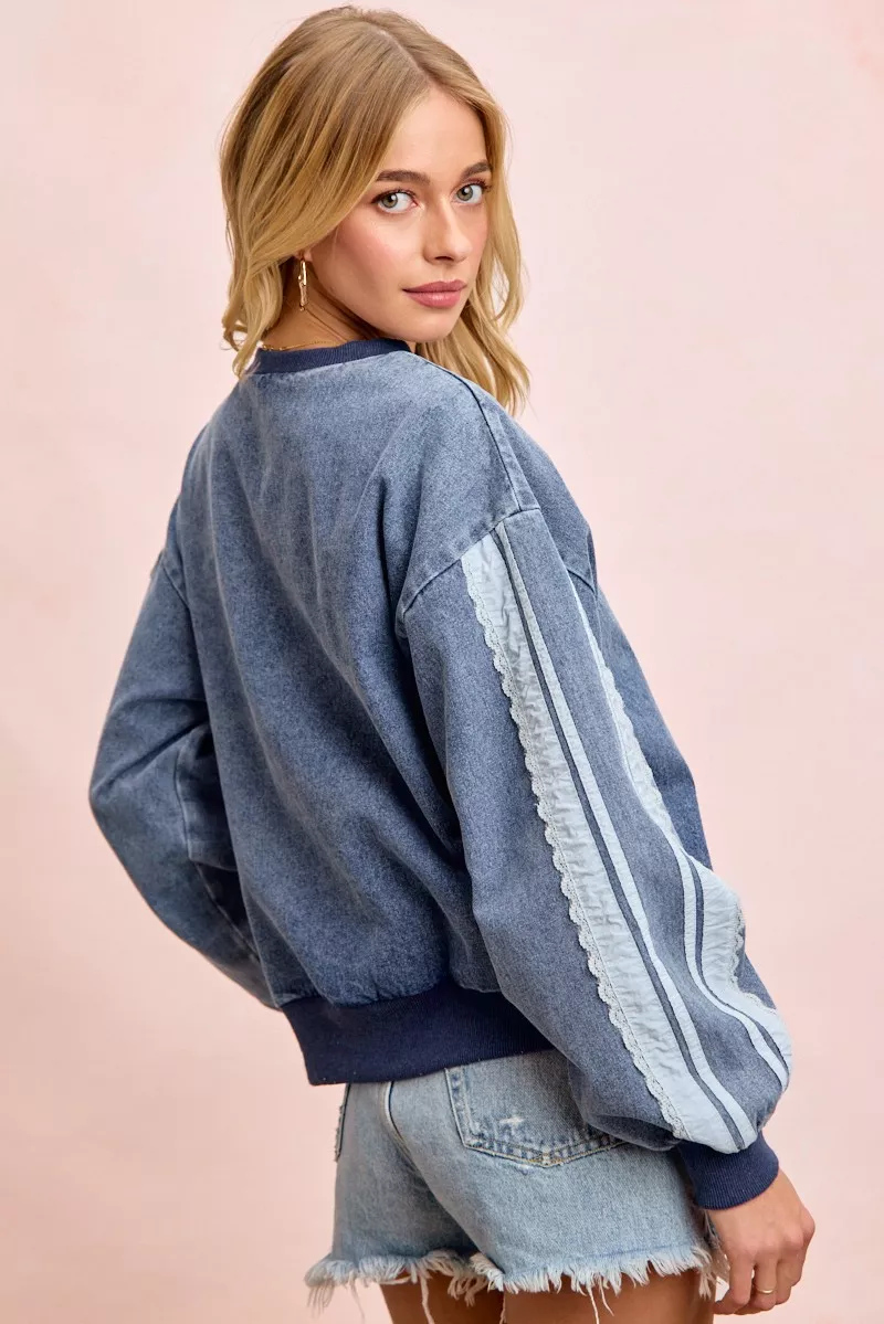 BiBi Washed Denim Lace Contrast Sided Sweatshirt, image 11