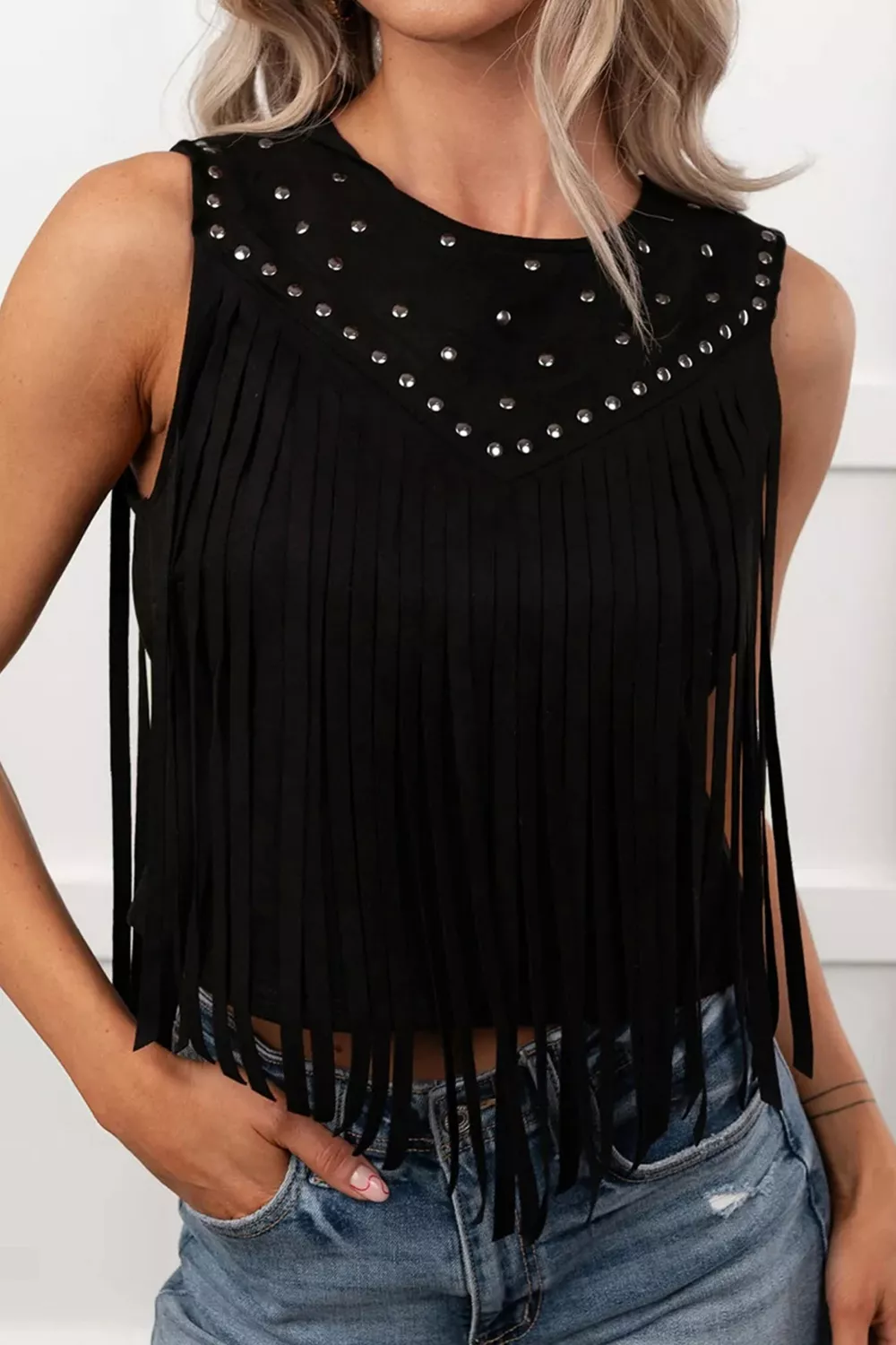 Western Fringe Rivet Paneling Bust Sleeveless Top, image 4