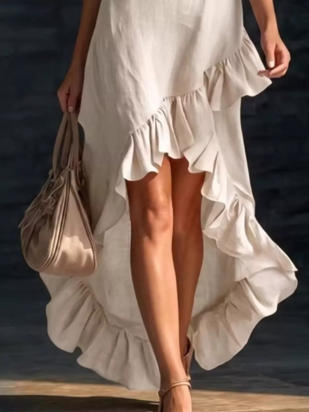 Sleeveless V-Neck Ruffle Hem High-Low Dress, image 2