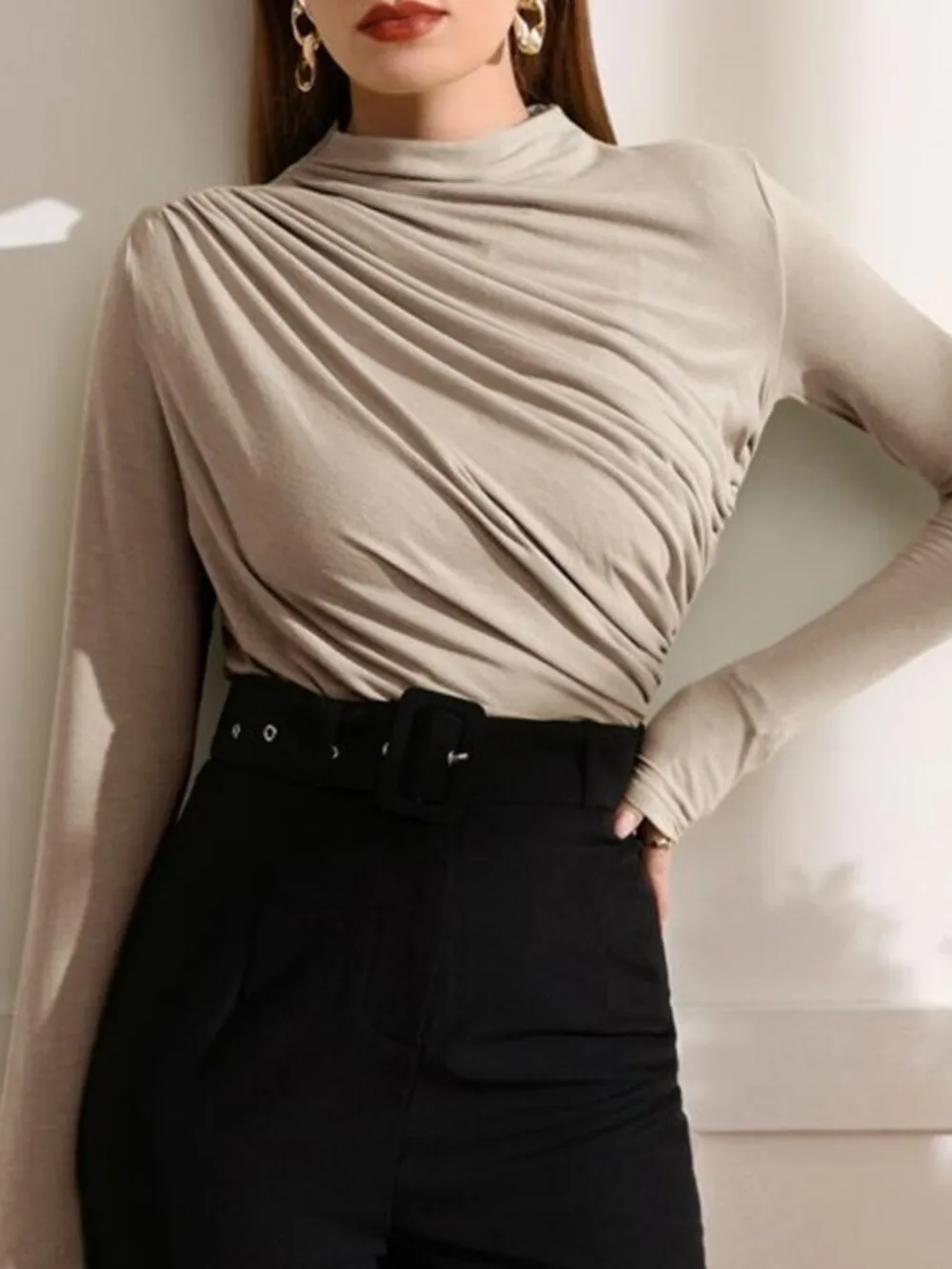 Mock Neck Ruched Long Sleeve T-Shirt, image 6