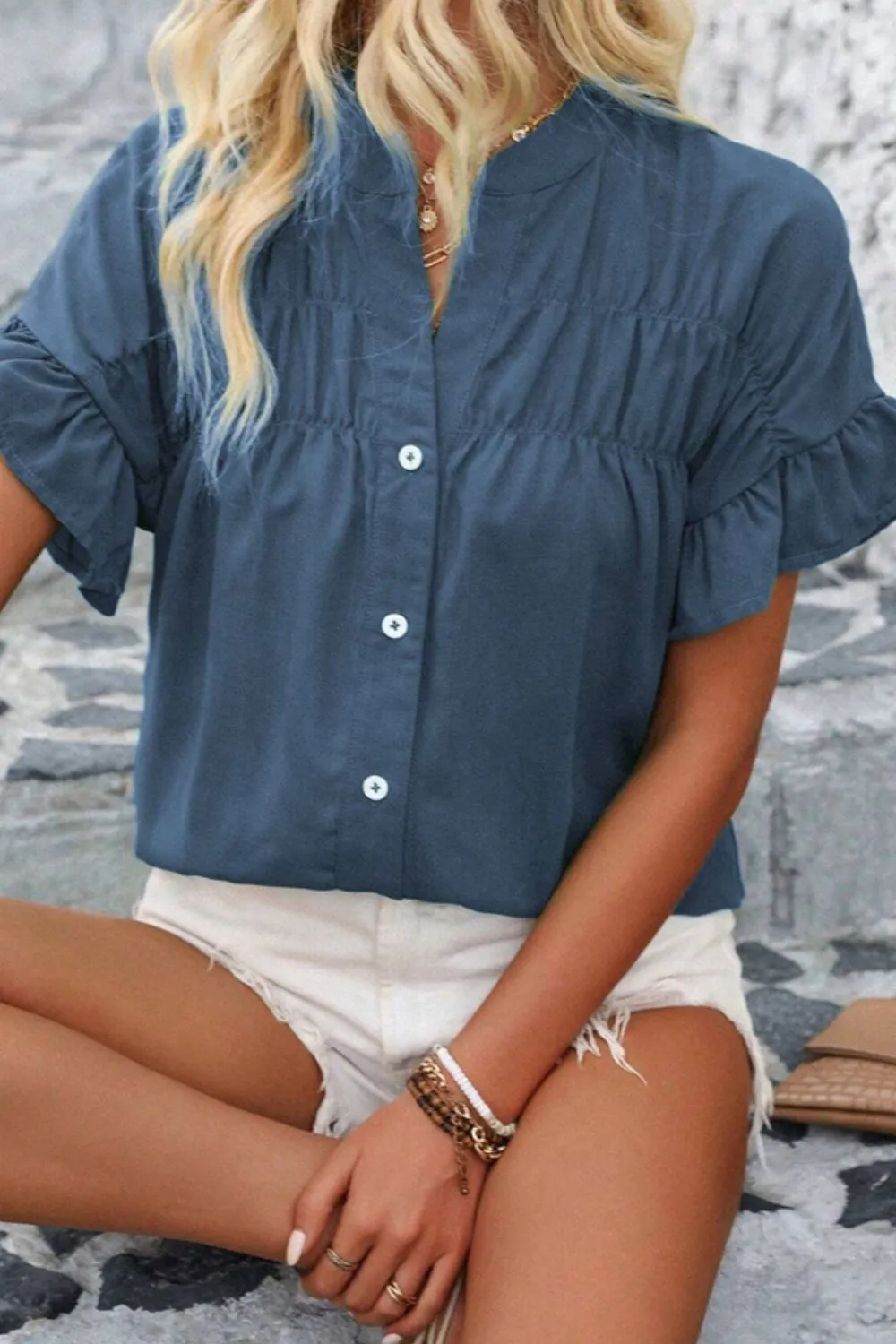 Ruffled Ruched Short Sleeve Button Down Shirt, image 13