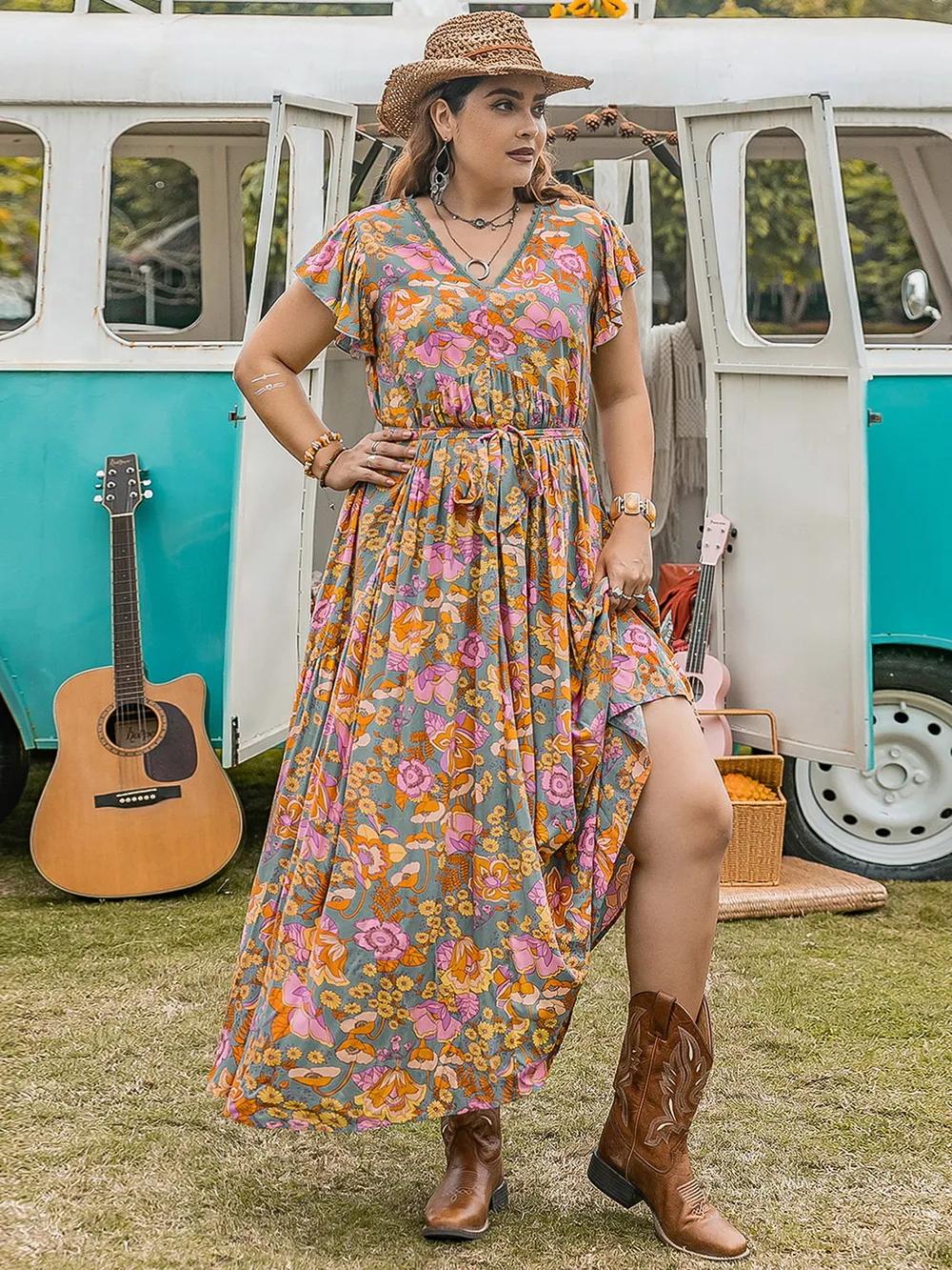 Plus Size Ruffled Printed Cap Sleeve Dress, image 10