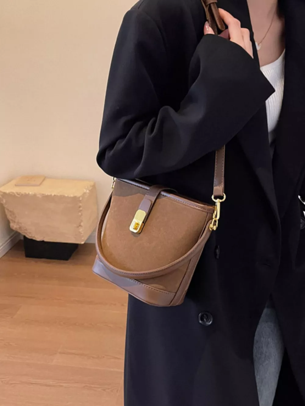 Gold Clasp Bucket Crossbody Bag, image 3