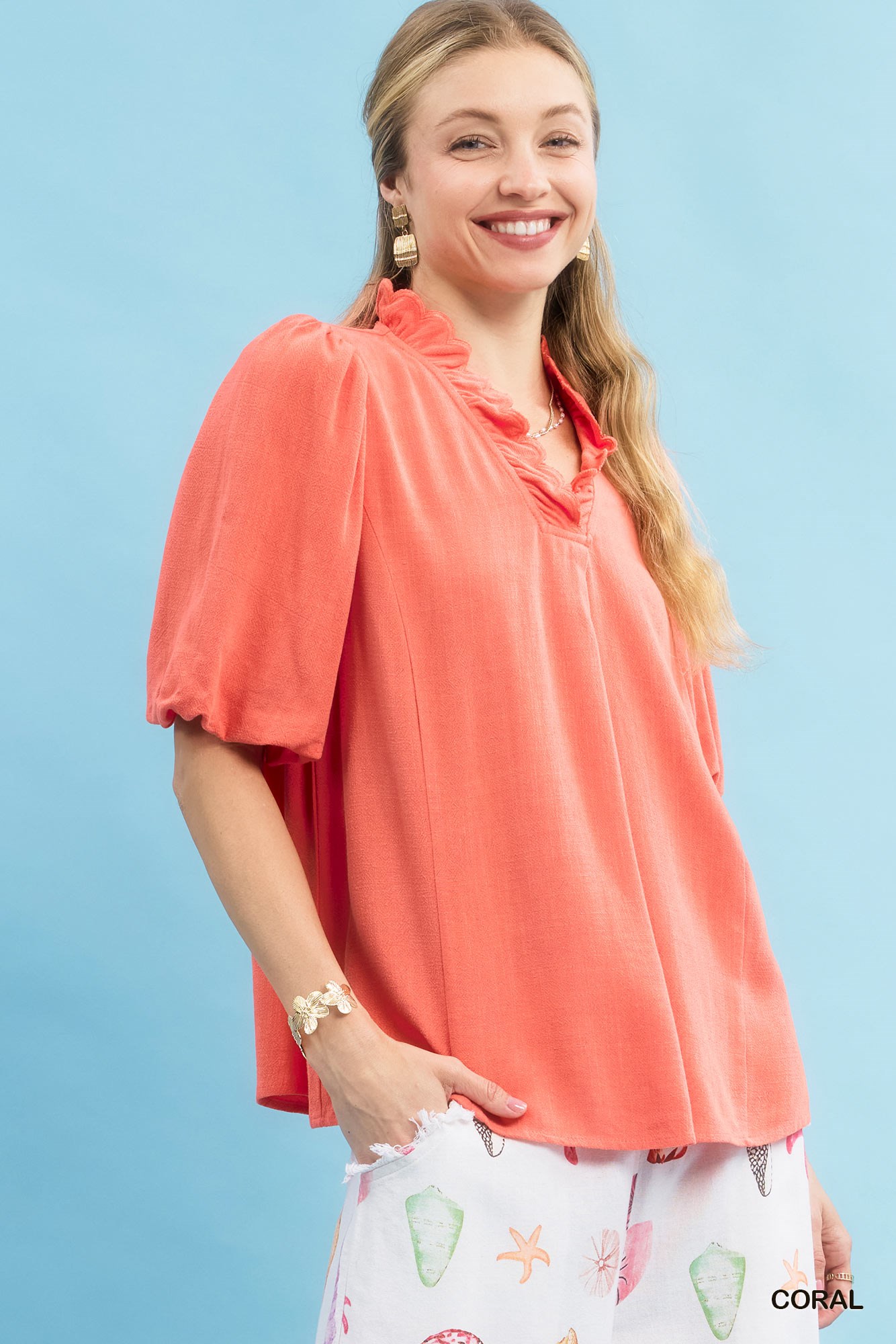 Linen Scallop Trim V-Neck Blouse, image 3