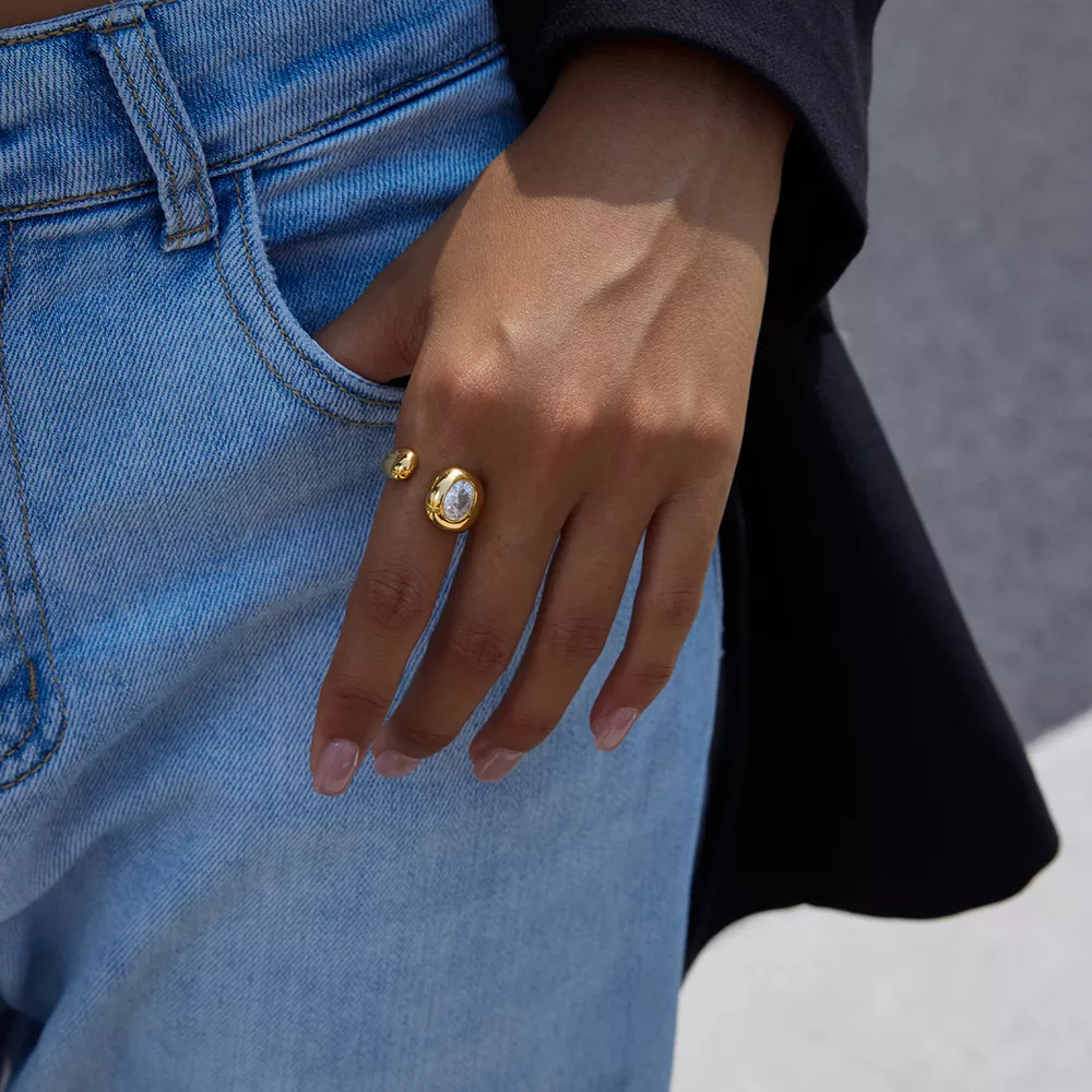 18K Gold-Plated Rhinestone Open Ring, image 11