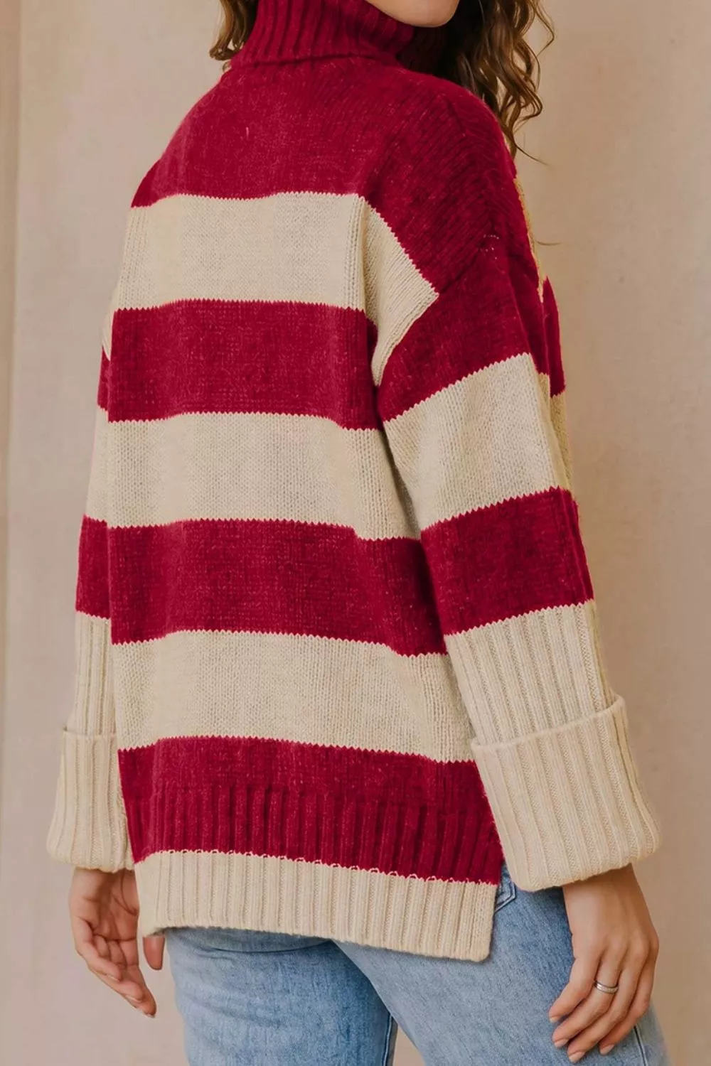 Stripe Ribbed Trim High Neck Relaxed Pullover Sweater, image 5
