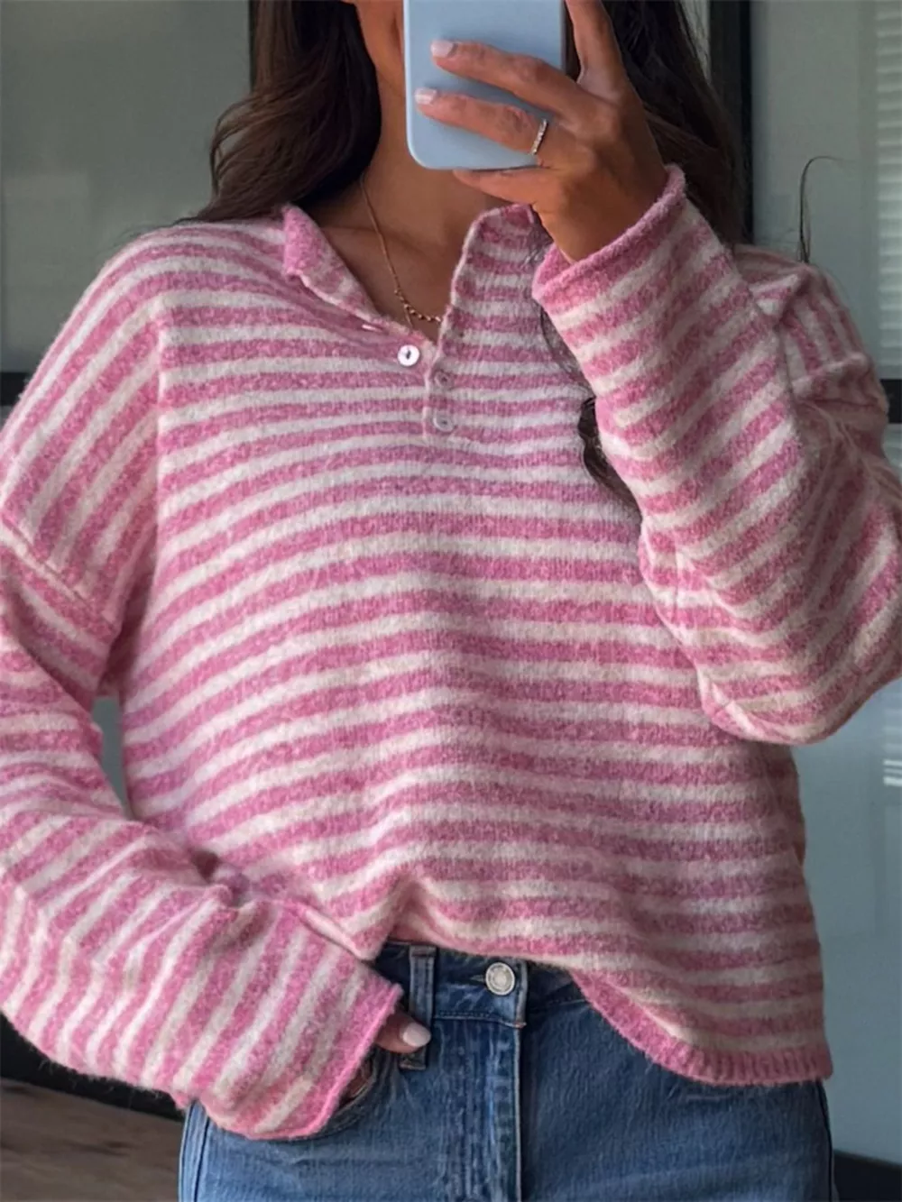 Button Detail Dropped Shoulder Striped Sweater, image 4