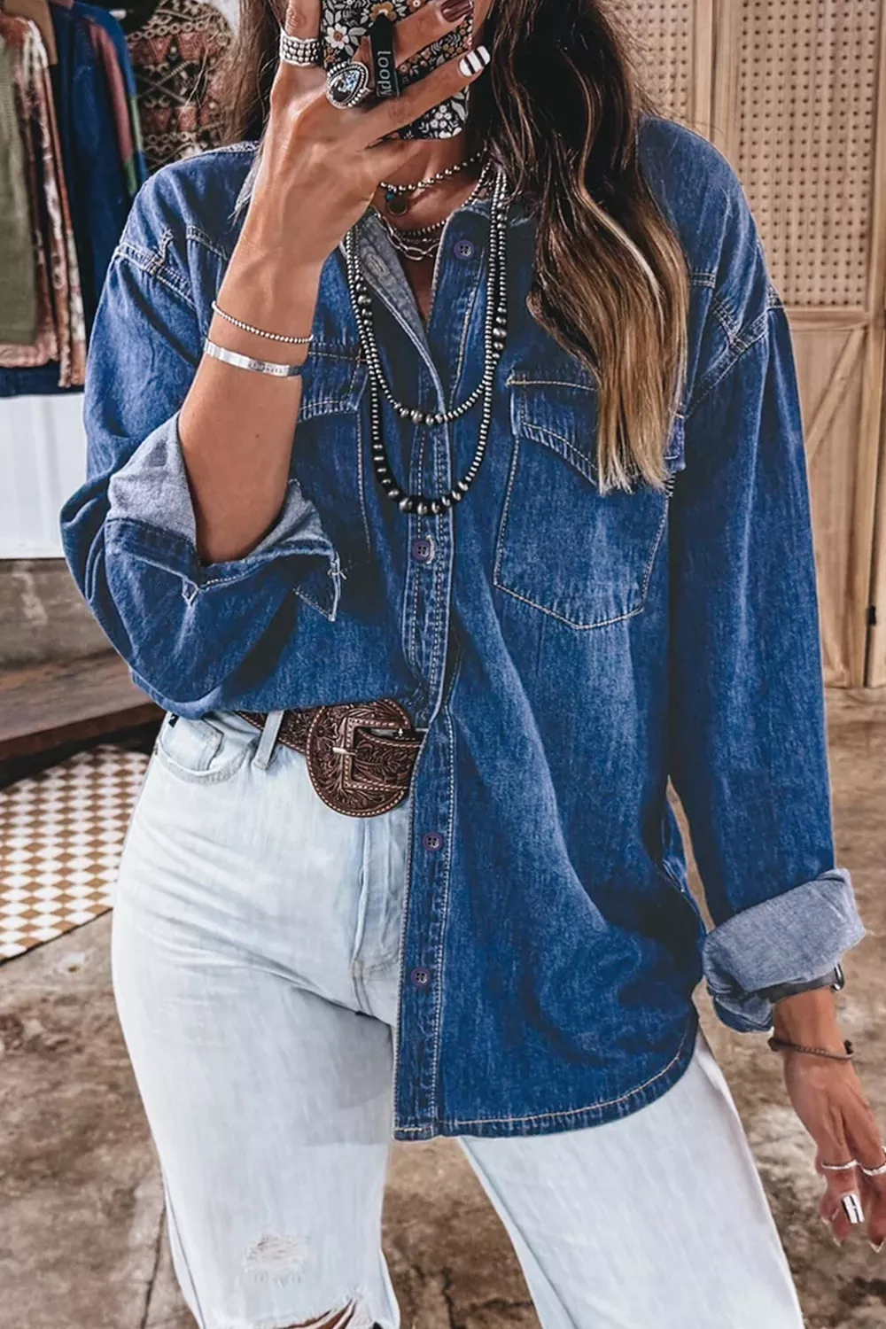 Western Patch Pockets Tunic Length Long Sleeve Denim Shirt, image 2