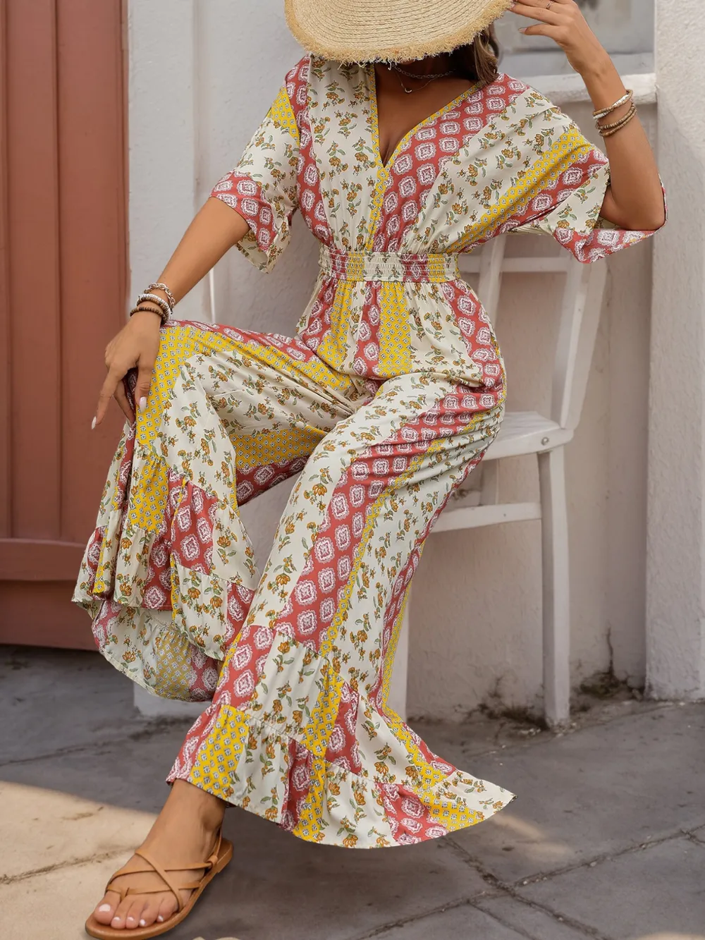 Ruffled Hem Printed V-Neck Jumpsuit, image 4