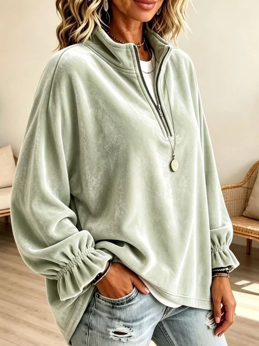 Velvet Quarter-Zip Sweatshirt with Ruffled Cuffs, image 10