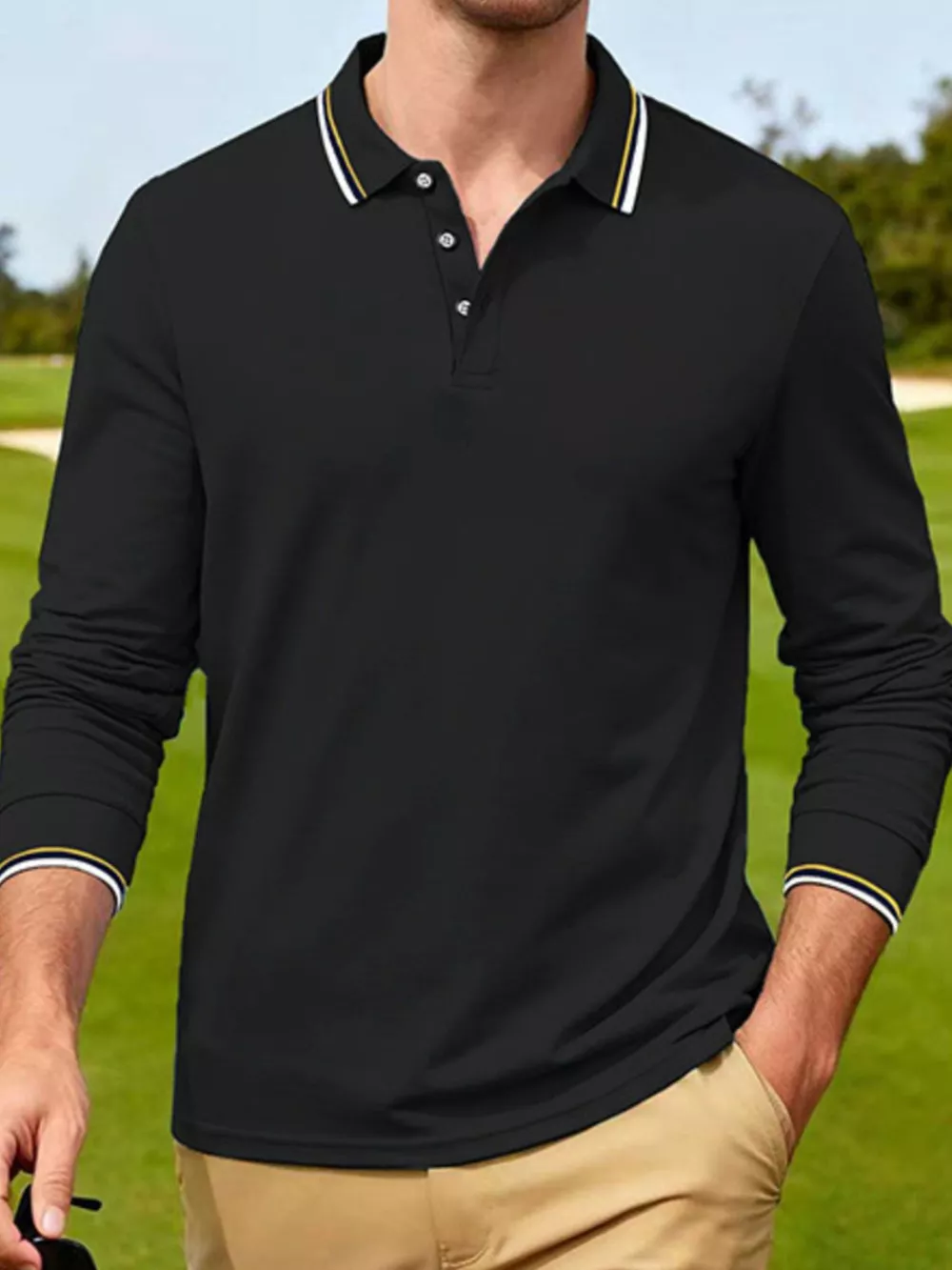 Men's Full Size Classic Long-Sleeve Polo with Striped Collar Plus Size
