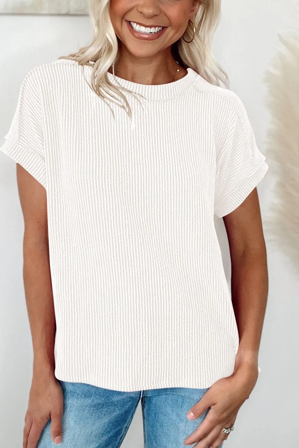 Casual Ribbed Short Sleeve Round Neck T-Shirt, image 28