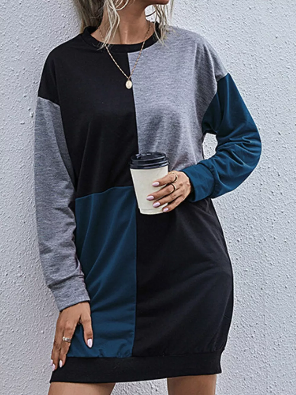 Color Block Casual Long Sleeve Mini Dress, image 4