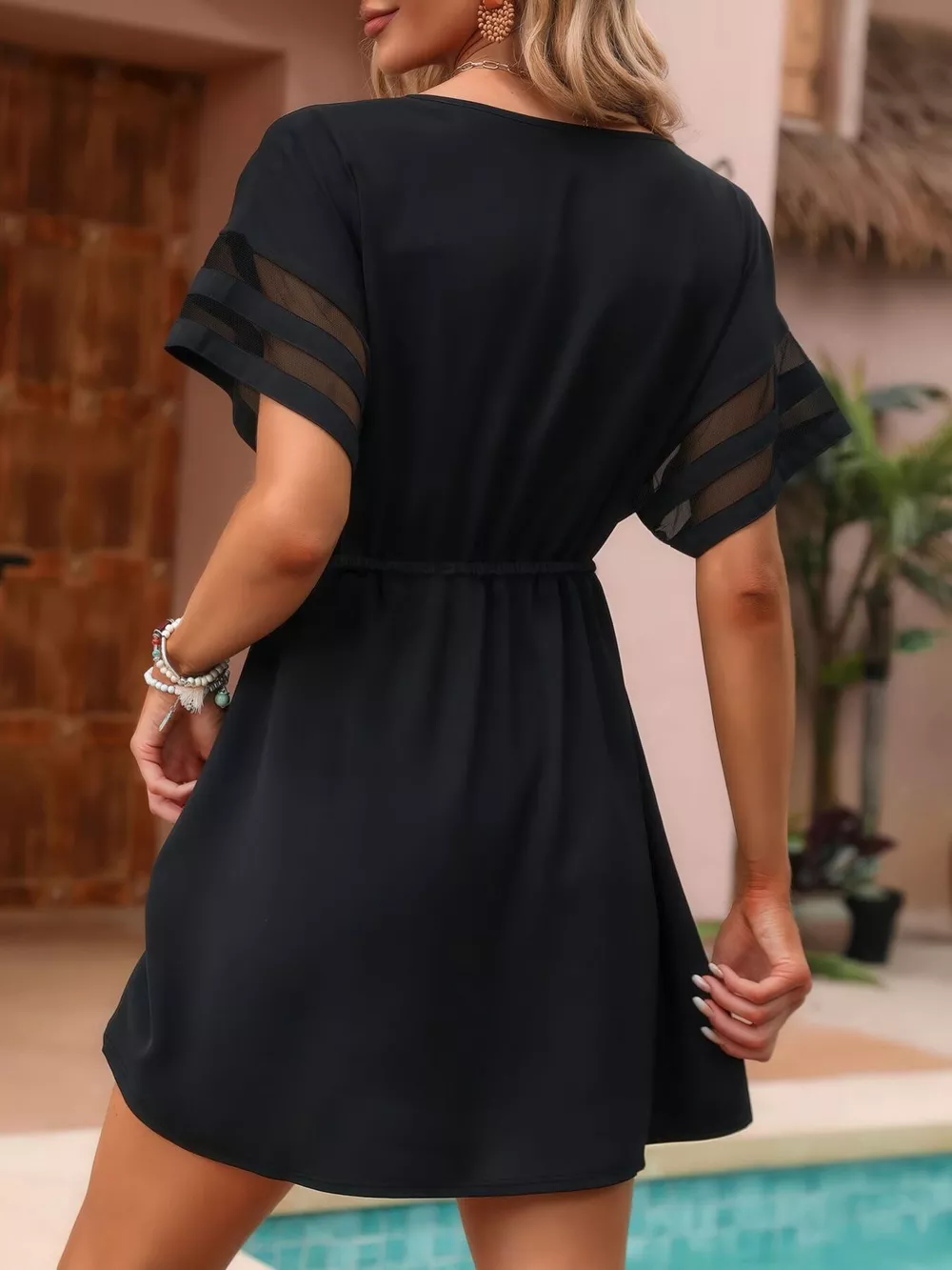 V-Neck Mesh Sleeve Mini Dress, image 3