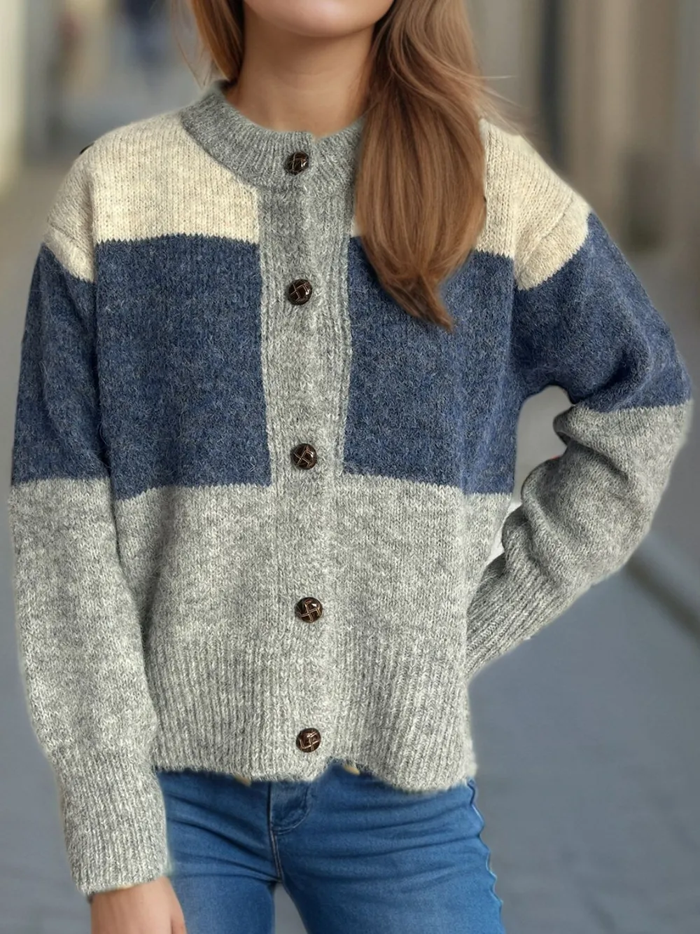 Color Block Round Neck Button Up Cardigan, image 4
