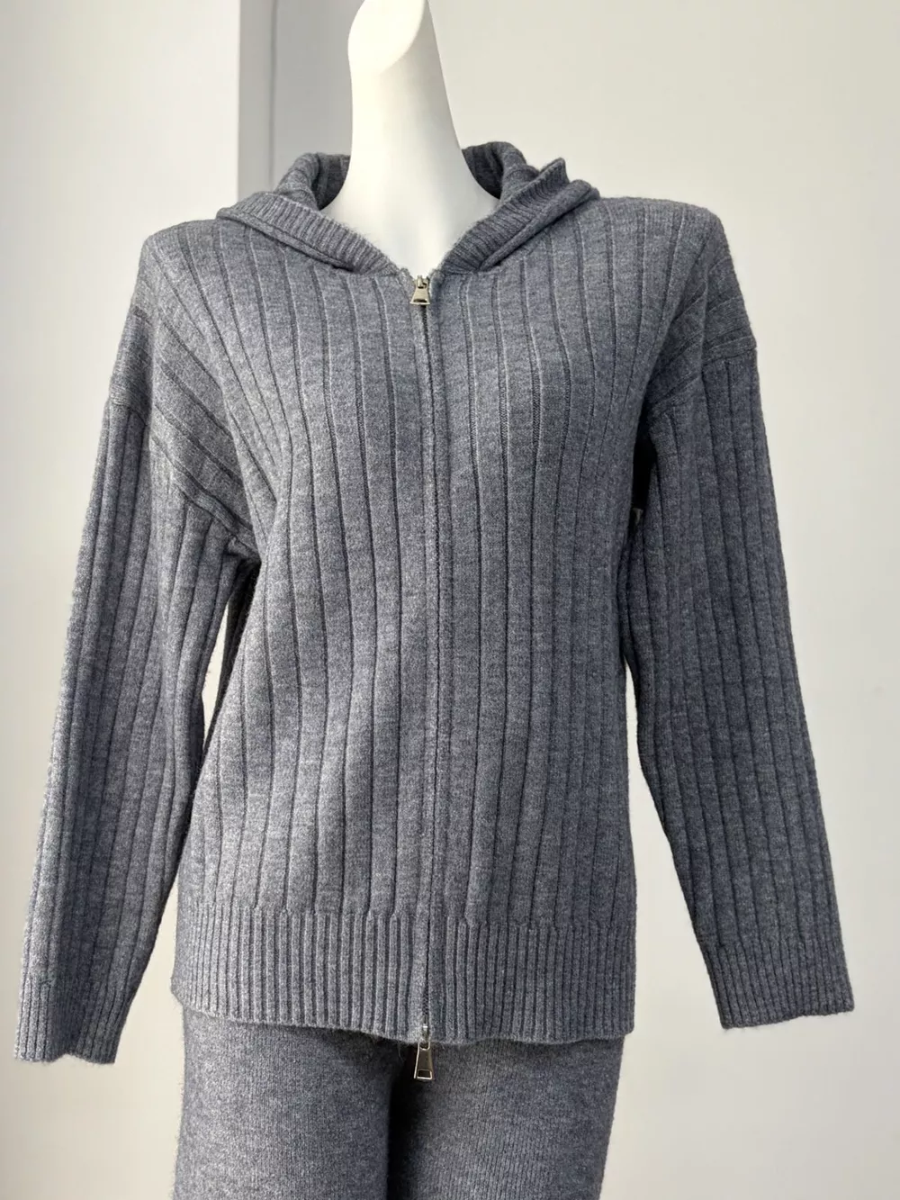 Cozy Ribbed Knit Zip-Up Hoodie and Wide-Leg Pants Sweater Set, image 13