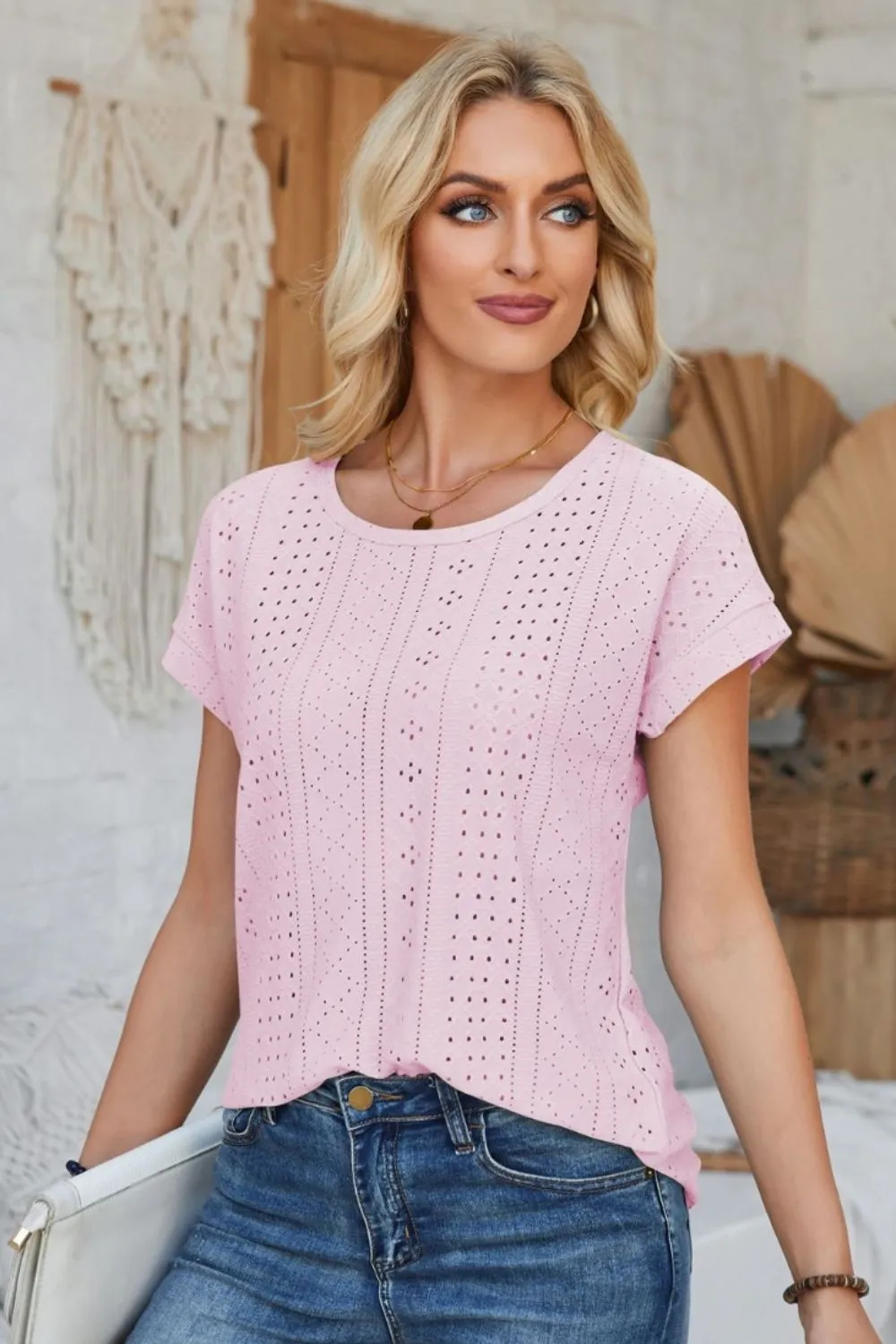 Eyelet Round Neck Rolled Short Sleeve T-Shirt, image 19