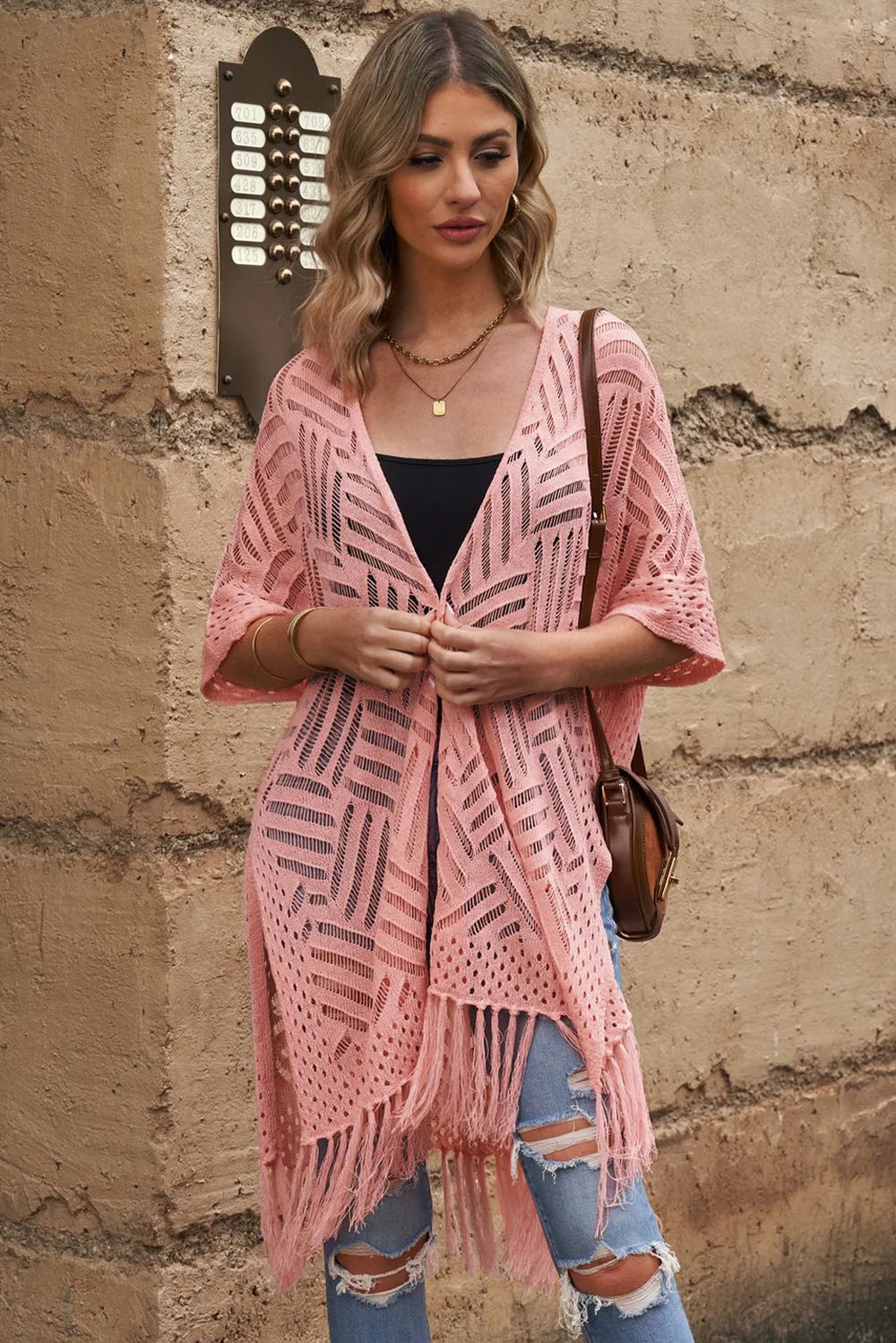Openwork Open Front Cardigan with Fringes, image 27
