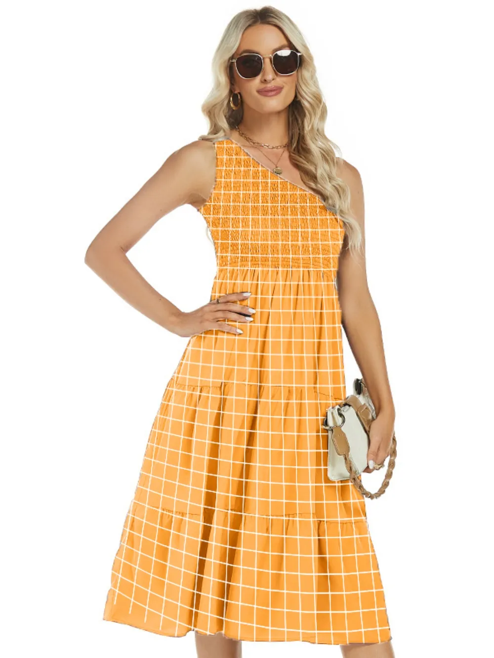 One-Shoulder Tiered Midi Dress with Smocked Bodice, image 8