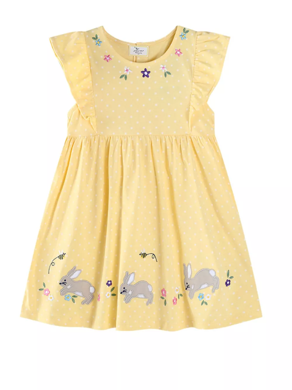 Children's Floral Bunny Embroidered Polka Dot Dress, image 4