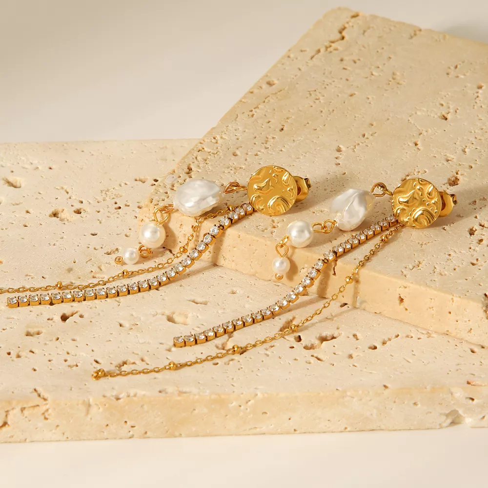 18K Gold-Plated Zircon Pearl Chain Earrings, image 4