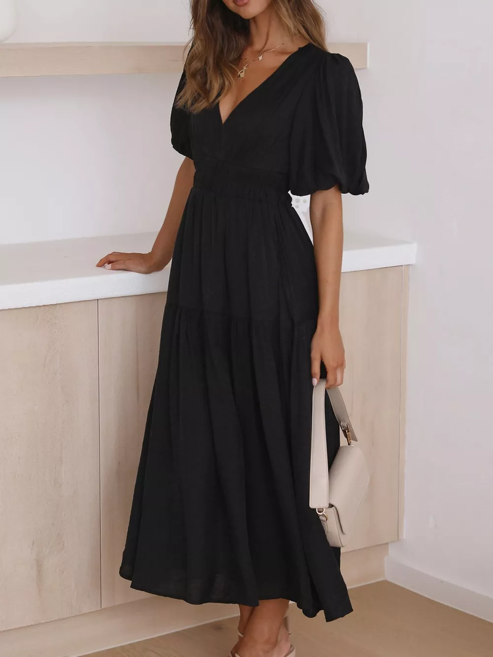 Elegant Puff Sleeve V-Neck Midi Dress, image 7