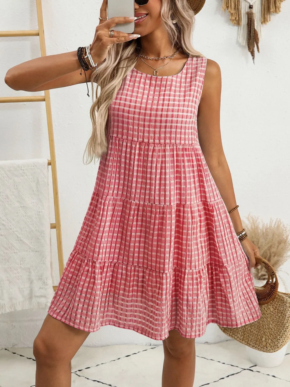 Plaid Round Neck Sleeveless Mini Dress, image 24