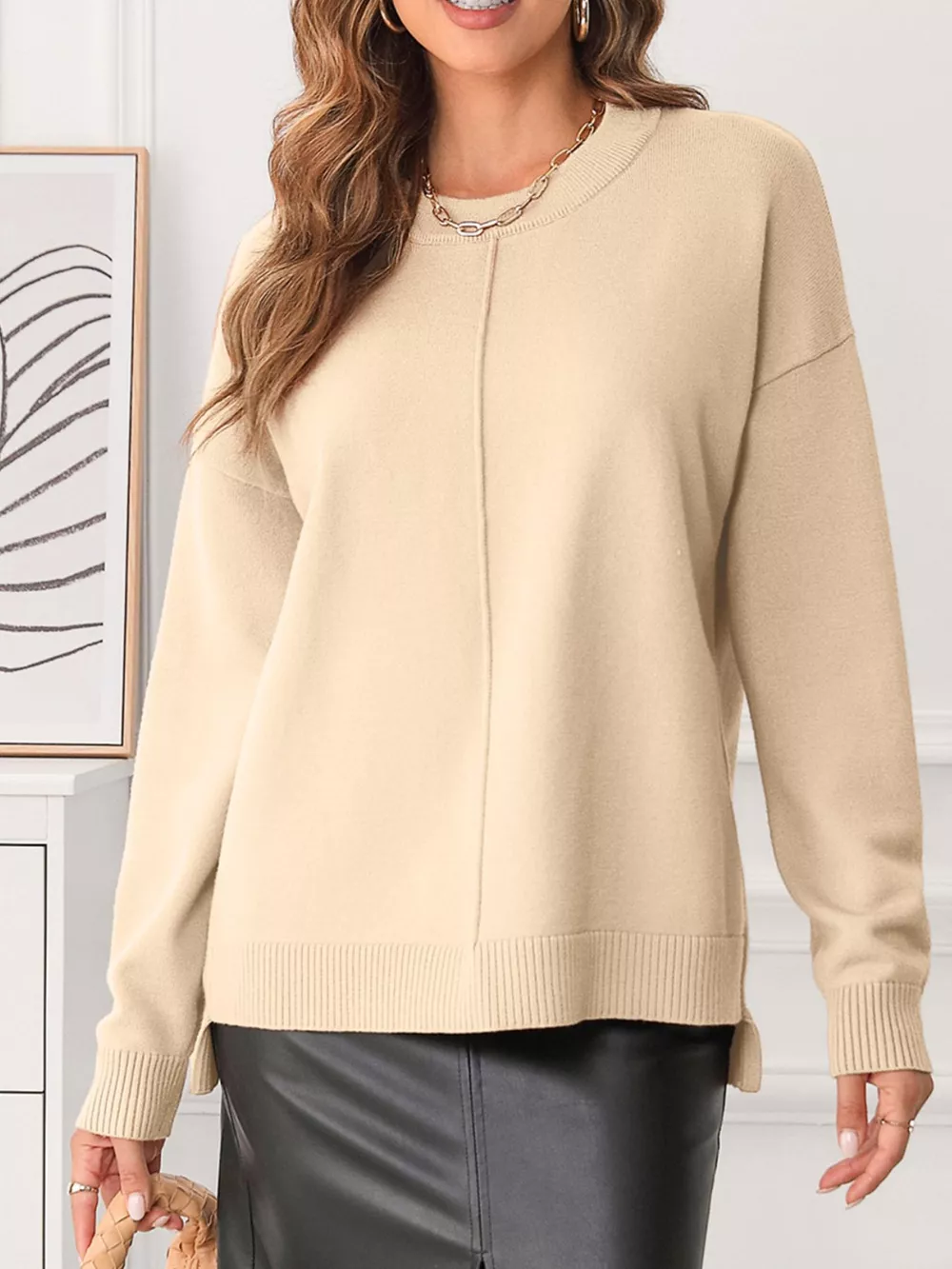 Front Center Seam Drop Shoulder Solid Sweater, image 2