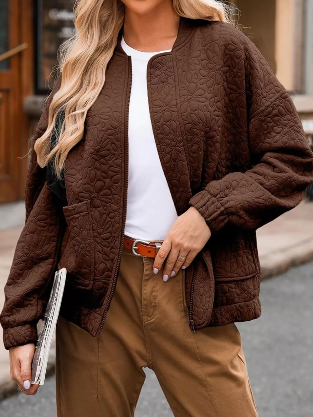 Full Size Floral Quilted Zip Up Jacket Plus Size, image 7