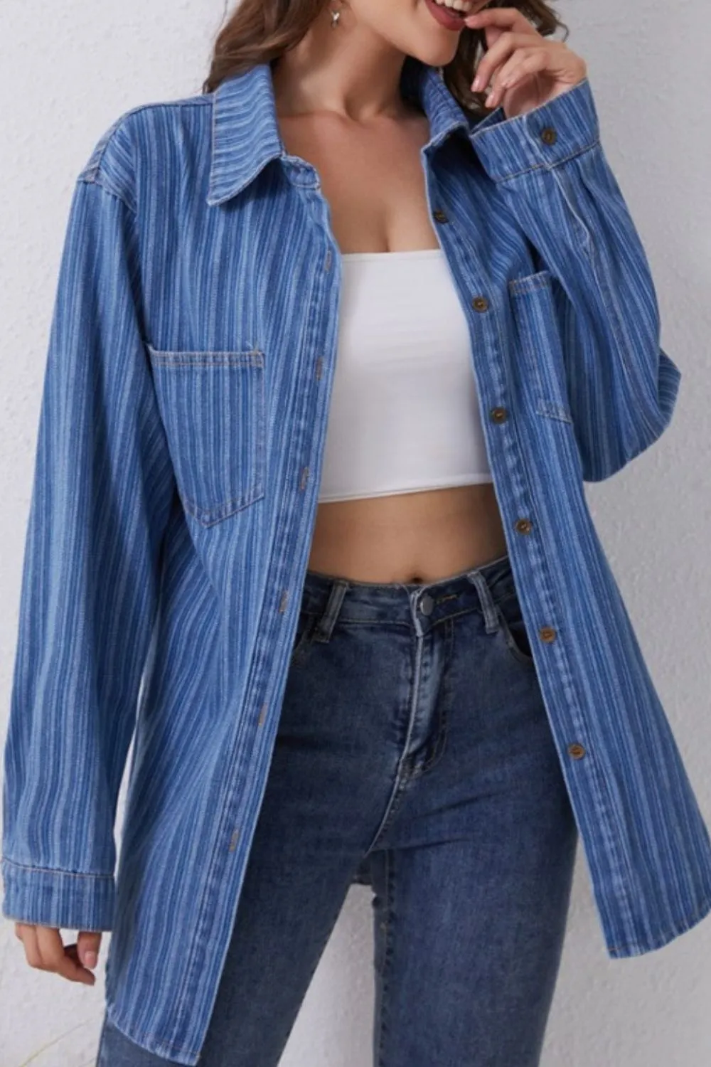 Striped Texture Collared Neck Denim Top, image 3