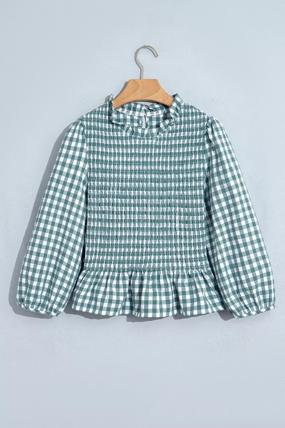 3/4 Sleeve Shirred Plaid Peplum Top, image 3