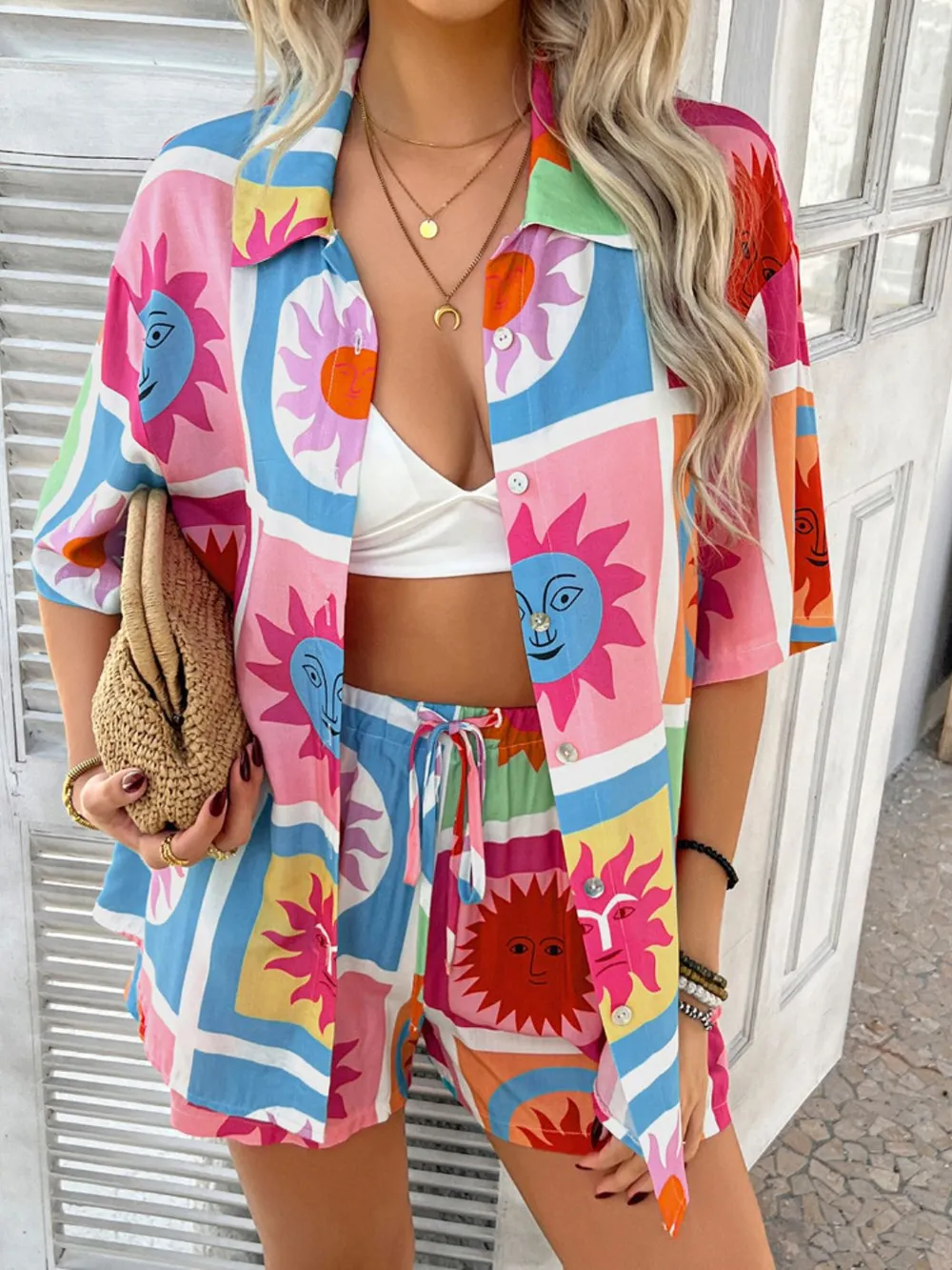 Printed Button Down Shirt and Shorts Set, image 33