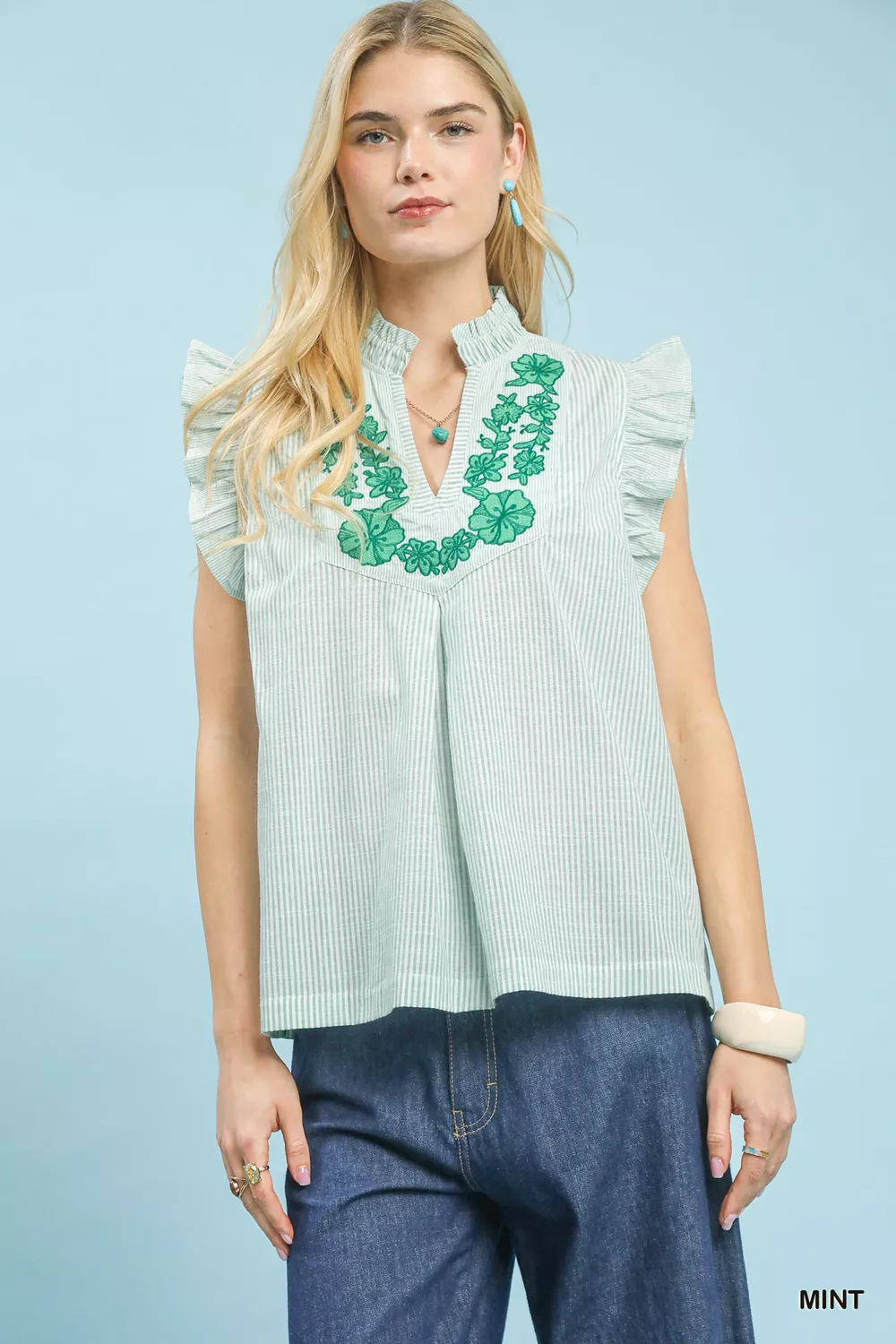 Embroidered Ruffle Sleeve Popover Top