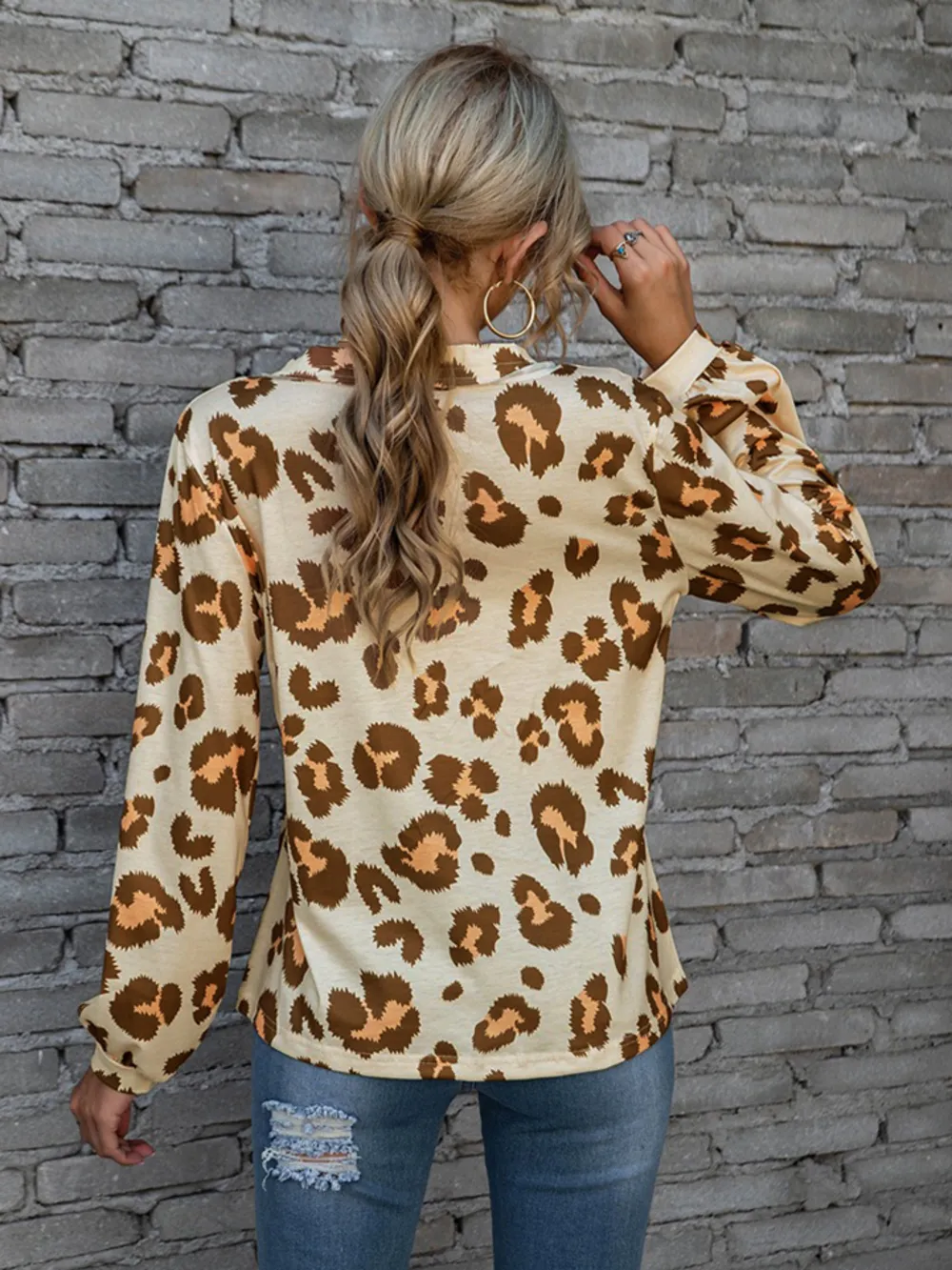 Leopard V-Neck Decorative Button Long Sleeve Blouse, image 2